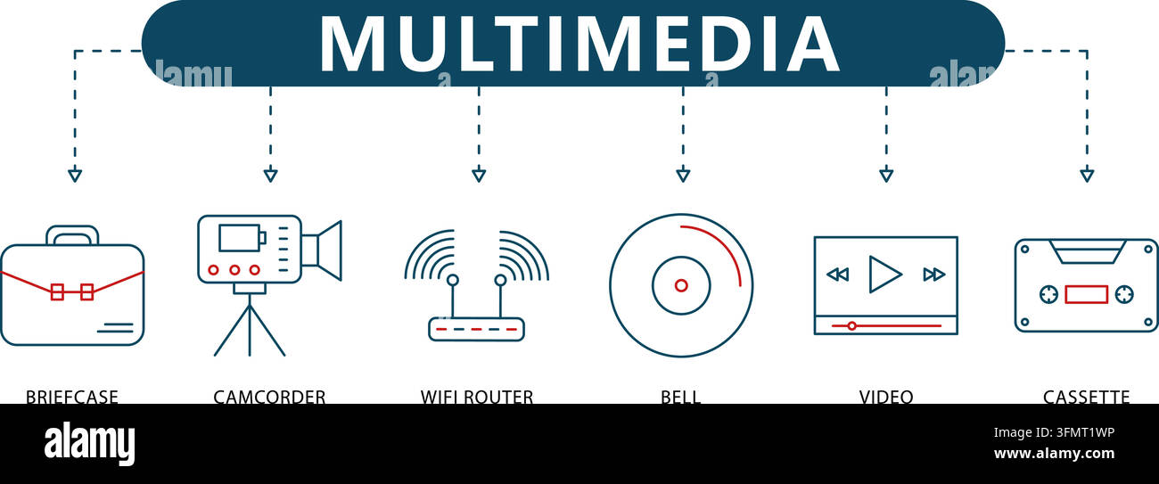 Multimedia-Linien-Ikonen-Vektor-Infografik mit sechs Umriss-Symbolen, darunter ein Aktenkoffer, ein Camcorder, ein WLAN-Router, eine Glocke, Video und eine Kassette. Stock Vektor