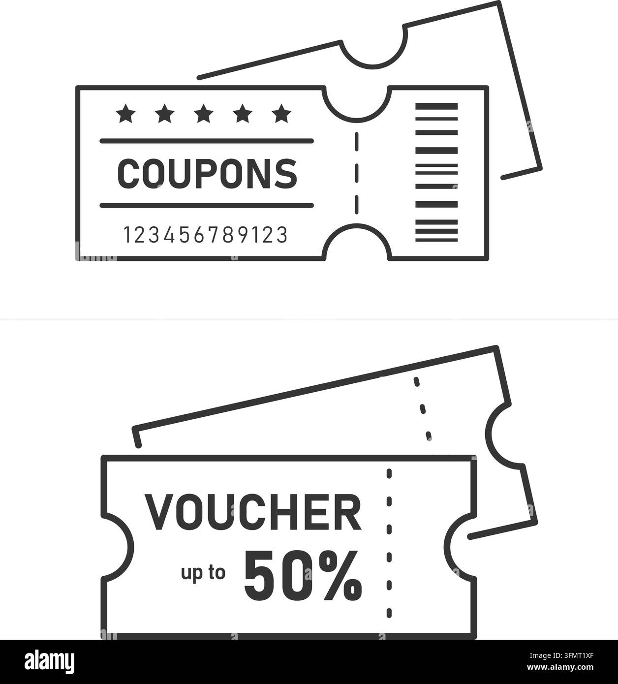 Gutschein- und Wertgutschein-Linien-Icon-Vektorillustration mit Umriss-Designs für Rabattgutscheine mit Sternen, Barcode und bis zu 50 Prozent Rabatt Text. Stock Vektor