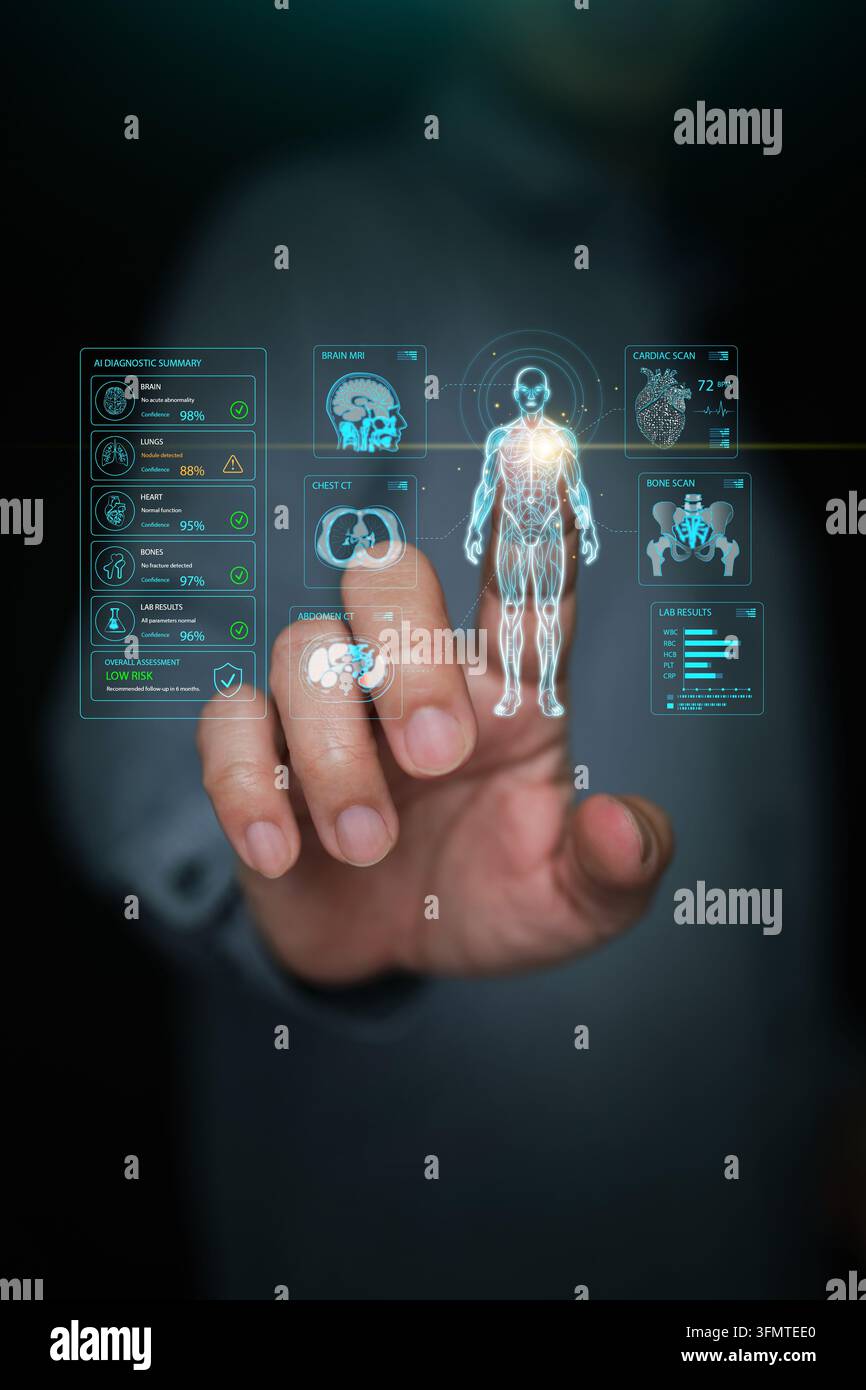 Gesundheitstechnologie. Finger berührt leuchtendes KI-Diagnose-Dashboard, das ein 3D-Modell des menschlichen Körpers, eine Gehirn-MRT, eine Brust-CT und einen Herzscan anzeigt Stockfoto