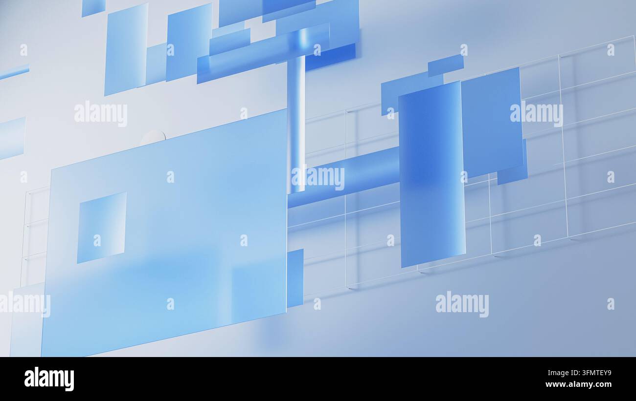 Schwebende blaue Glasplatten und transparente geometrische Formen schaffen einen futuristischen Technologiehintergrund mit Perspektive. Stockfoto