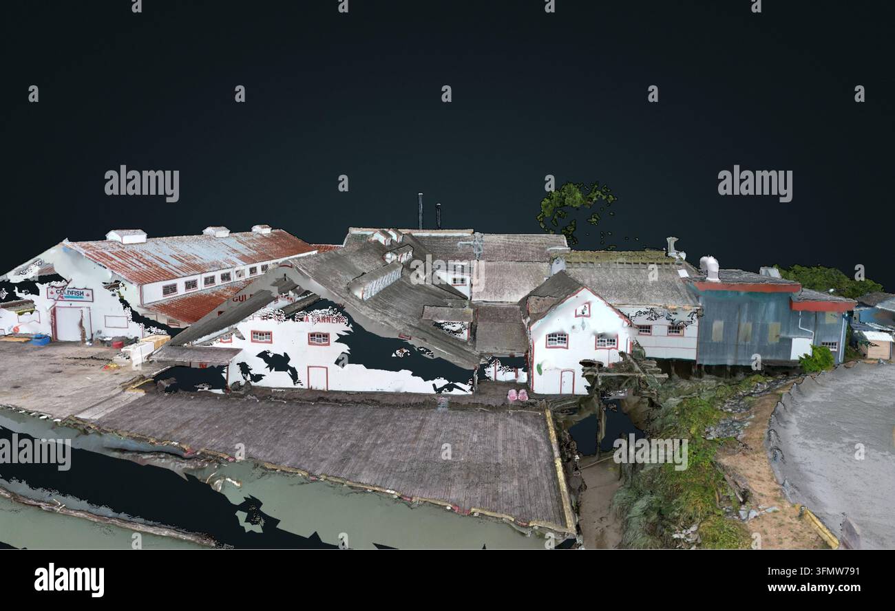 Luftbild des historischen Konservenfabrikomplexes mit industriellen Dächern und Holzkonstruktionen in einer 3D-Modelldarstellung in Richmond, British Colu Stockfoto