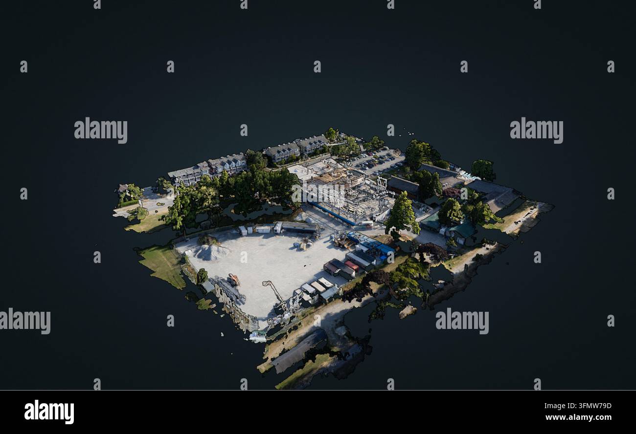 Luftaufnahme eines 3D-Modell-Orthophotos, das eine Baustelle mit Gebäudefundamenten, umgebenden Bäumen und einem Parkplatz in Richmond, Großbritannien, zeigt Stockfoto