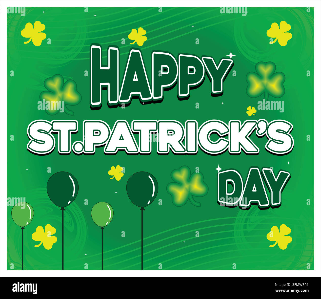 Feiern Sie den St. Patrick's Day mit einer fröhlichen Grußkarte mit Kleeblättern und Luftballons. Perfekt für festliche Anlässe, dieses lebendige Design bringt Stock Vektor