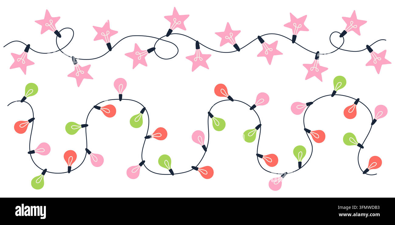 Weihnachtsstern und runde Lichterkette als Randset für minimalistisches Winterfeiertags-Karten-Design Stock Vektor