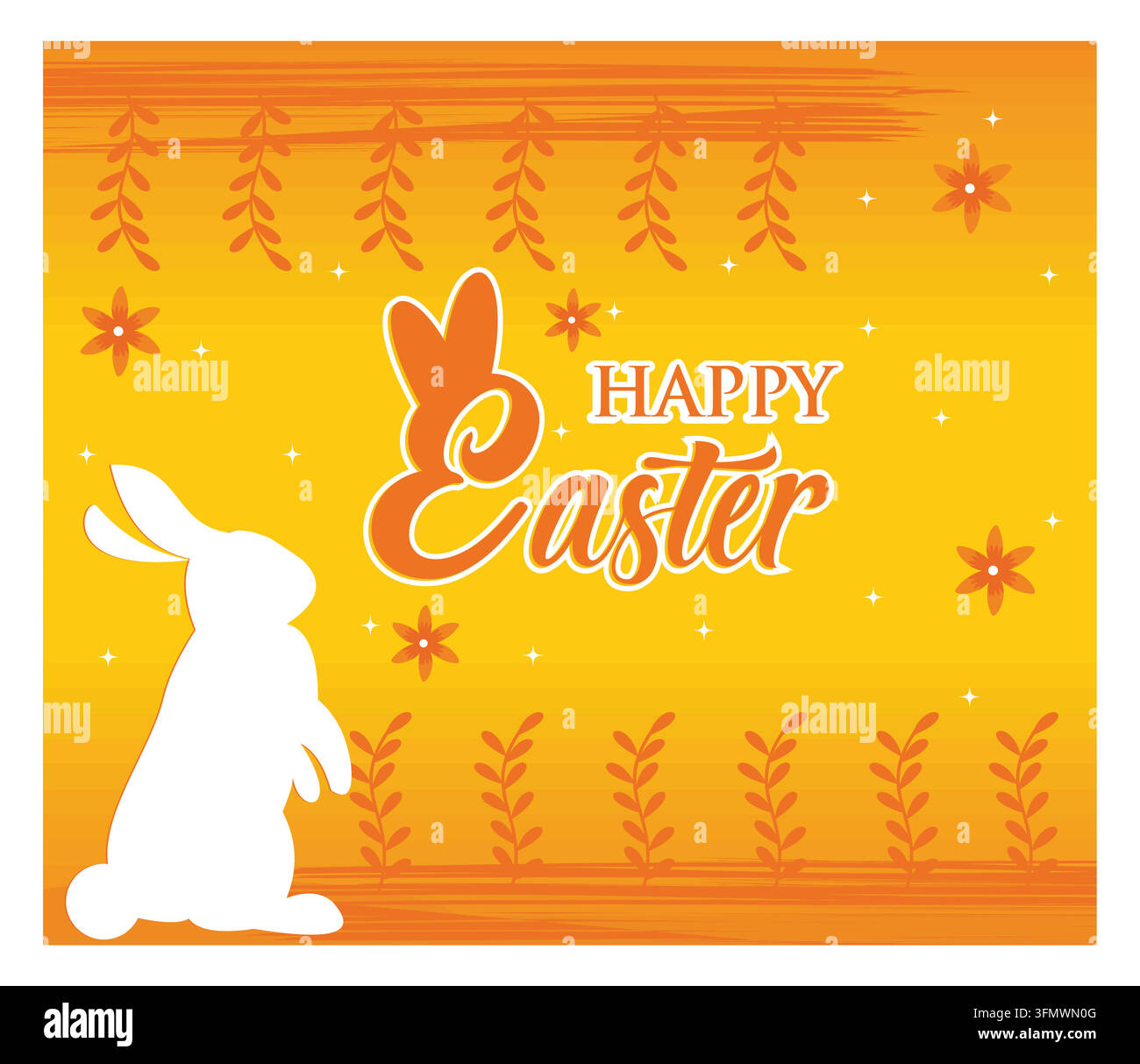 Feiern Sie Ostern mit einem Dekostück mit einer weißen Hasen-Silhouette und festlichen Blumen auf einem hellen gelben Hintergrund. Flache Vektor-Modillu Stock Vektor