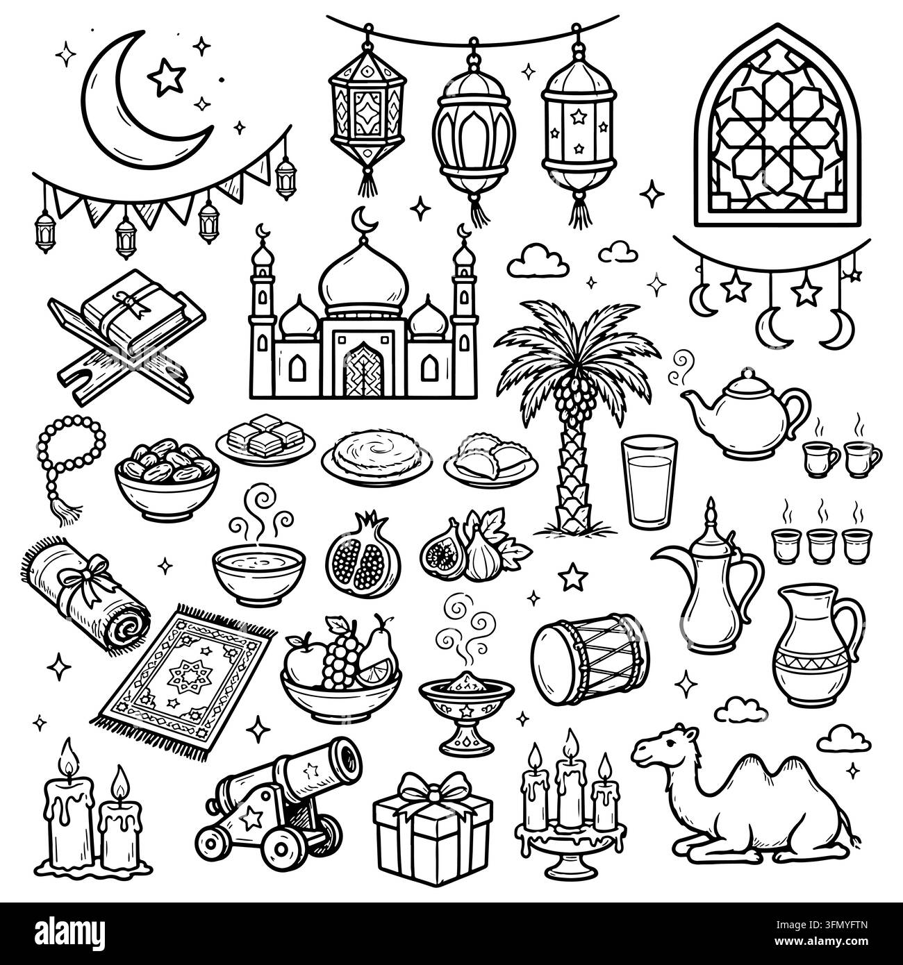 Ramadan-Iftar-Doodle-Sammlung mit Laternen, Datteln, Gebetsteppich und traditionellem Essen Stock Vektor