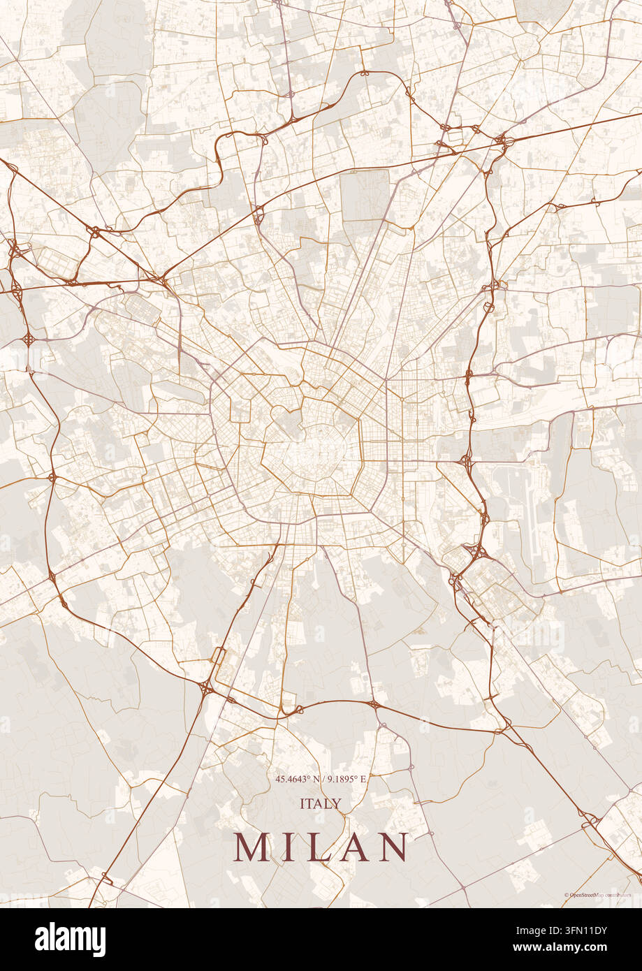 Straßenkartenplakat von Mailand, Italien, mit einem detaillierten Straßennetz, radialen Ringstraßen und Stadtraster in einem warmen neutralen Beige- und Roségold-Design. Stock Vektor