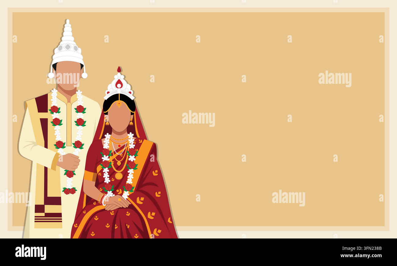 Bengalische Hochzeitspaare in roter und weißer Kleidung Stock Vektor