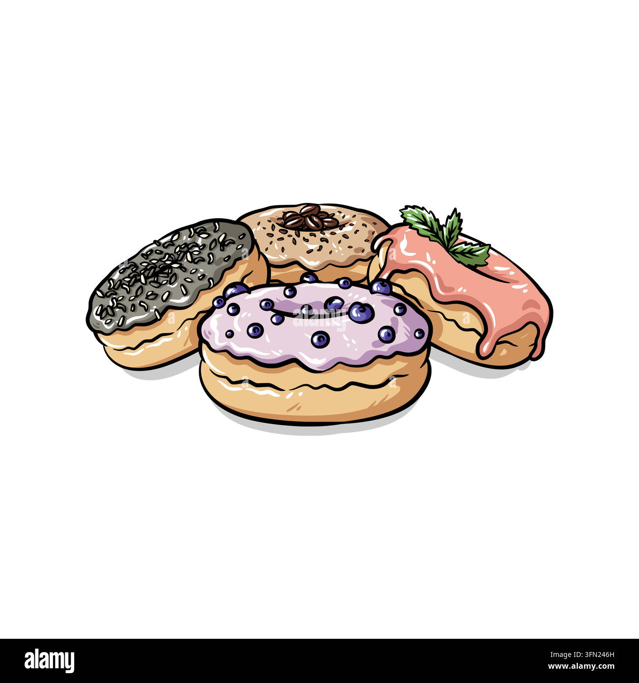 Eine lustige Gruppe köstlicher glasierten Donuts mit handgezeichnetem Doodle-Stil und kräftigen Umrissen. Ideal für die Grafik des Speisenbereichs von Cafemenüs, Bakery-Websi Stock Vektor