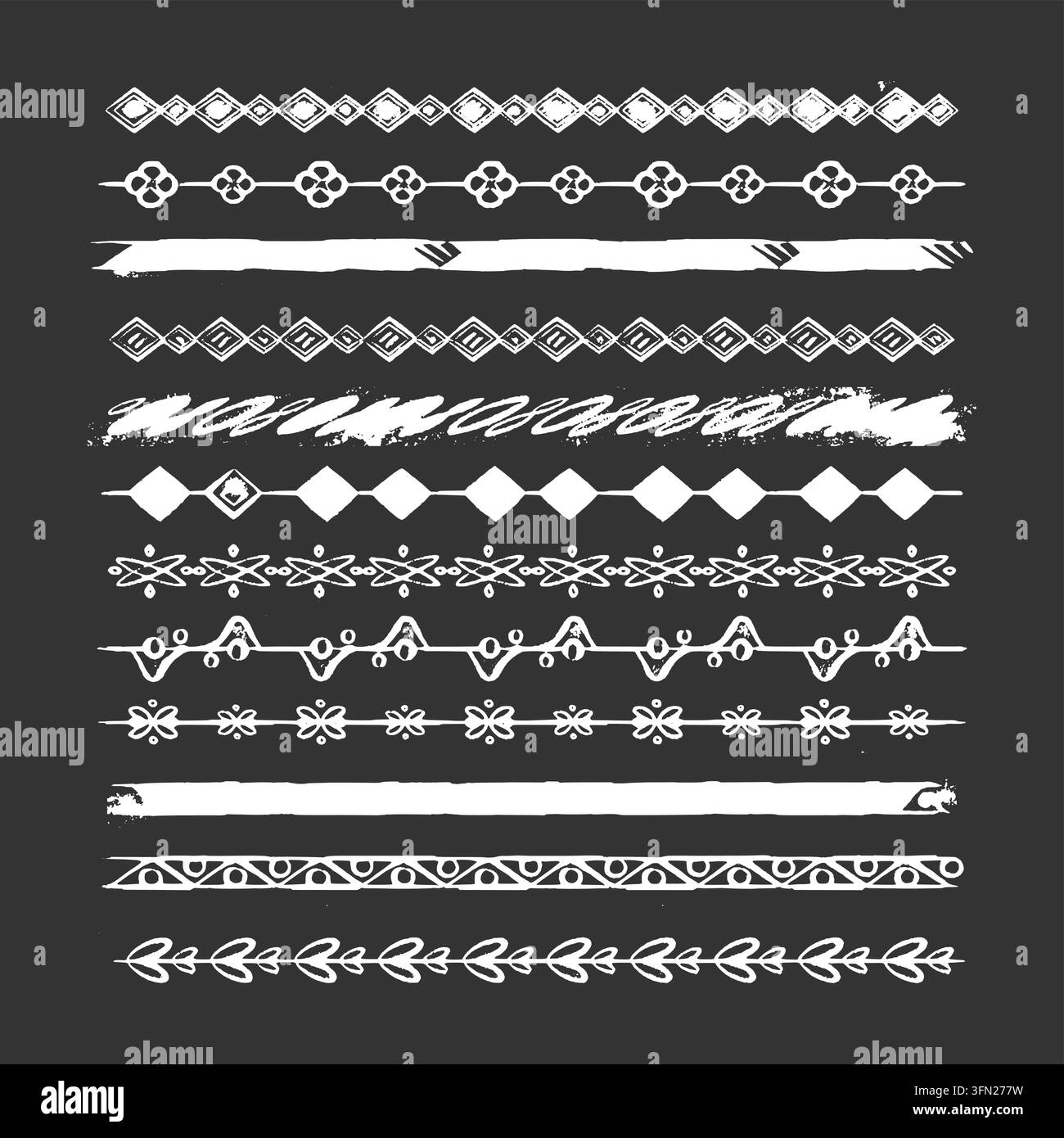 Diese Diamant- und Pinselstrich-Kreidelinien zeigen handgezeichnete, kratzige Vektorelemente auf einem dunklen Hintergrund. Ideal für Flyer-Randdesigns, Typografie Stock Vektor