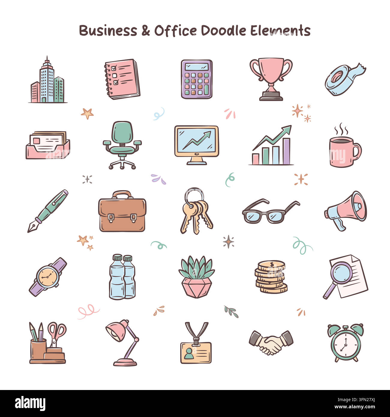 Handgezeichnete bunte Illustration mit einer Sammlung von Unternehmensgeschäfts- und Büroelementen in einem verspielten Pastellstil. Ideal für Startup-Präsentation Stock Vektor