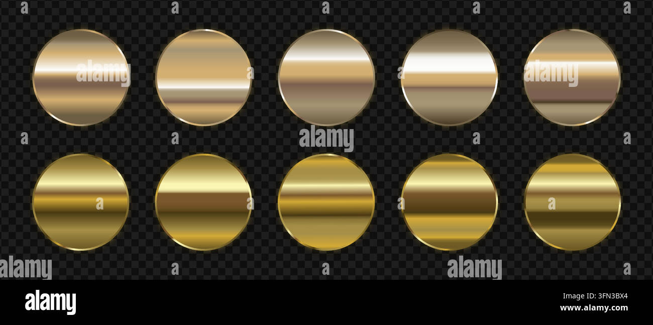 Sammlung von Goldknöpfen mit luxuriösen Abzeichen und Anstecknadeln mit metallenen Rahmen, perfekt für Premium-Webdesign, elegante UI-Elemente und Auszeichnungsembleme Stock Vektor