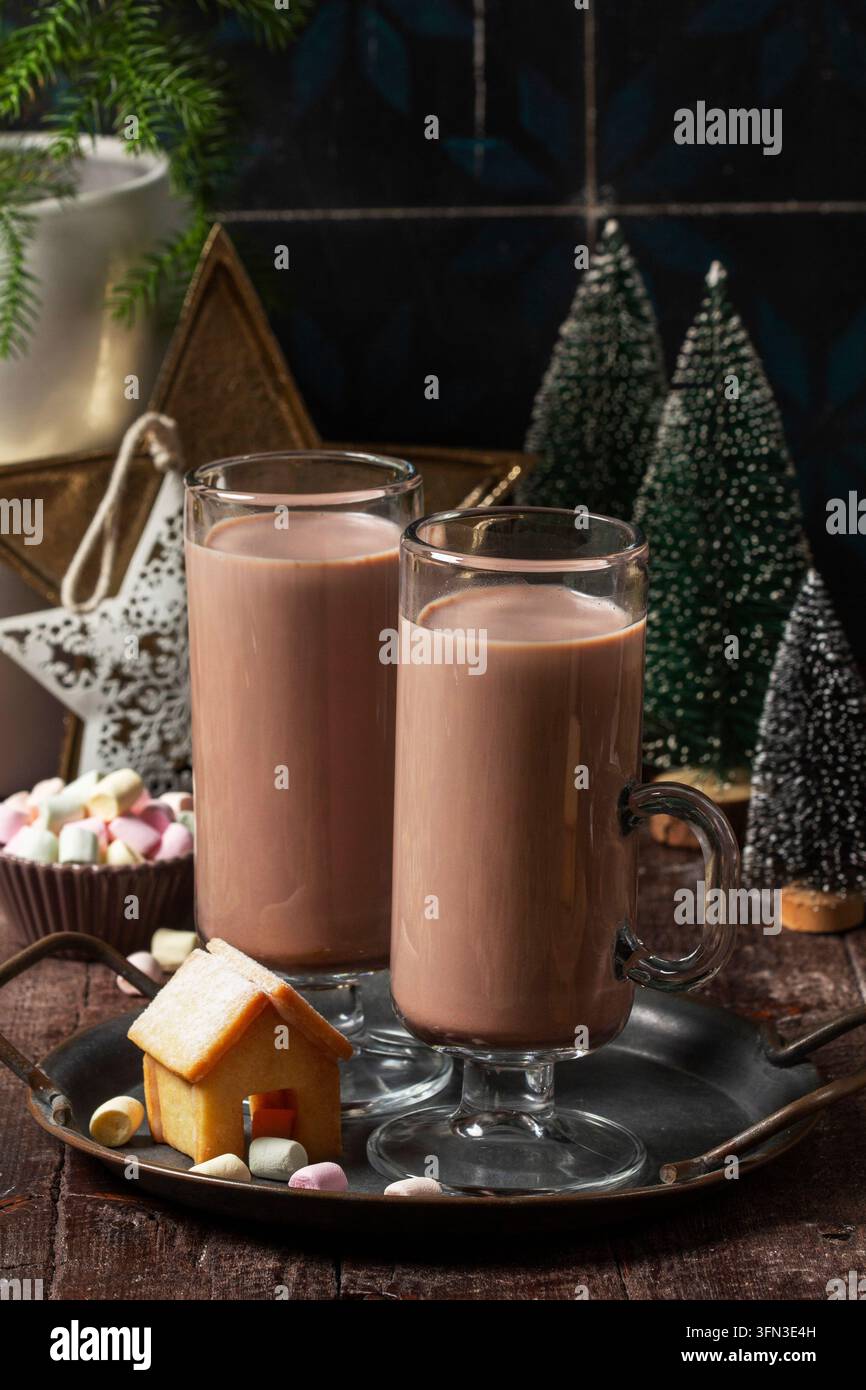 Heiße Schokolade mit Marshmallows und Lebkuchenhaus Stockfoto