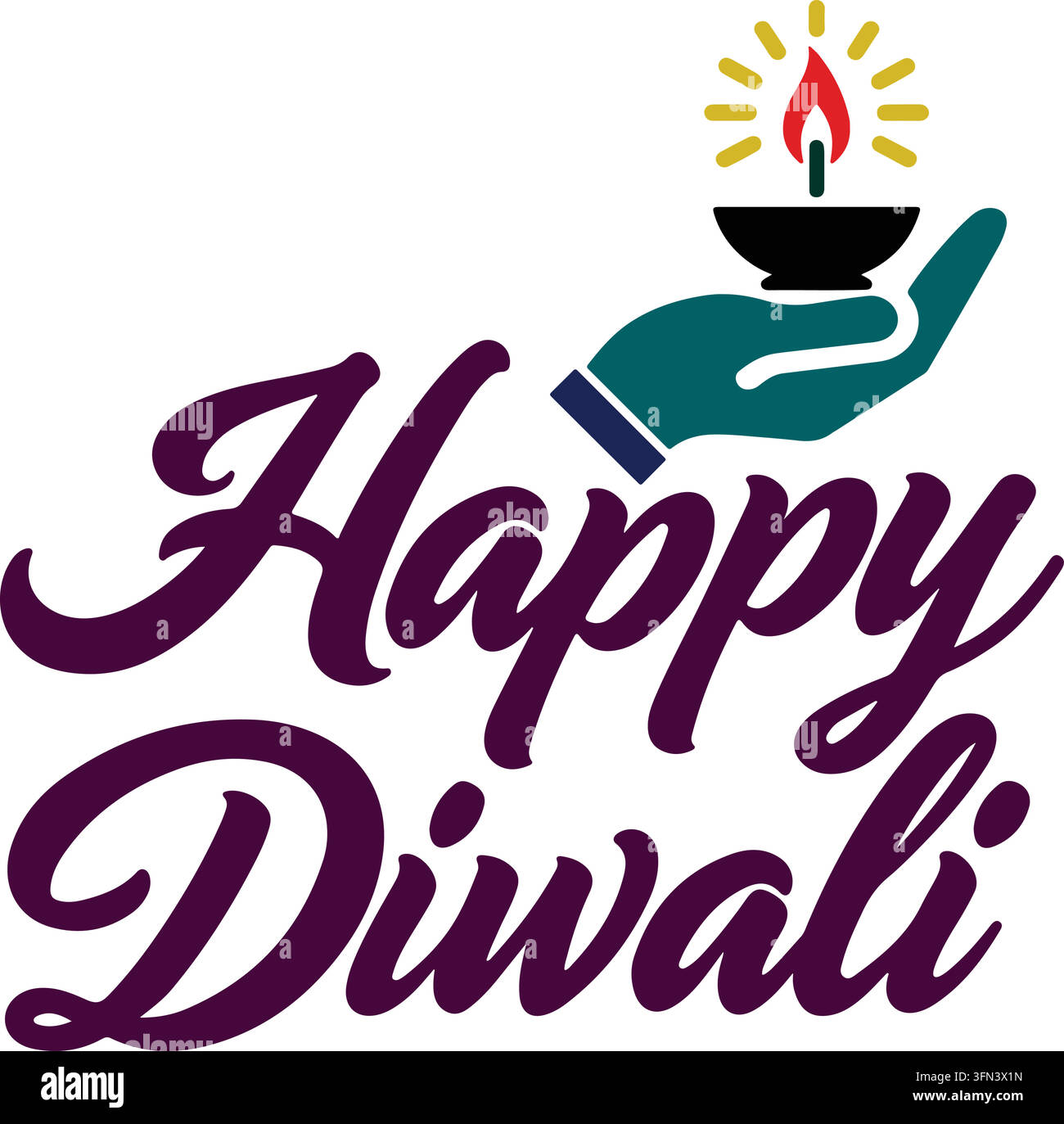 Fröhliche Diwali-Grüße mit bunter Diya-Lampe auf Handillustration Vector Stock Vektor