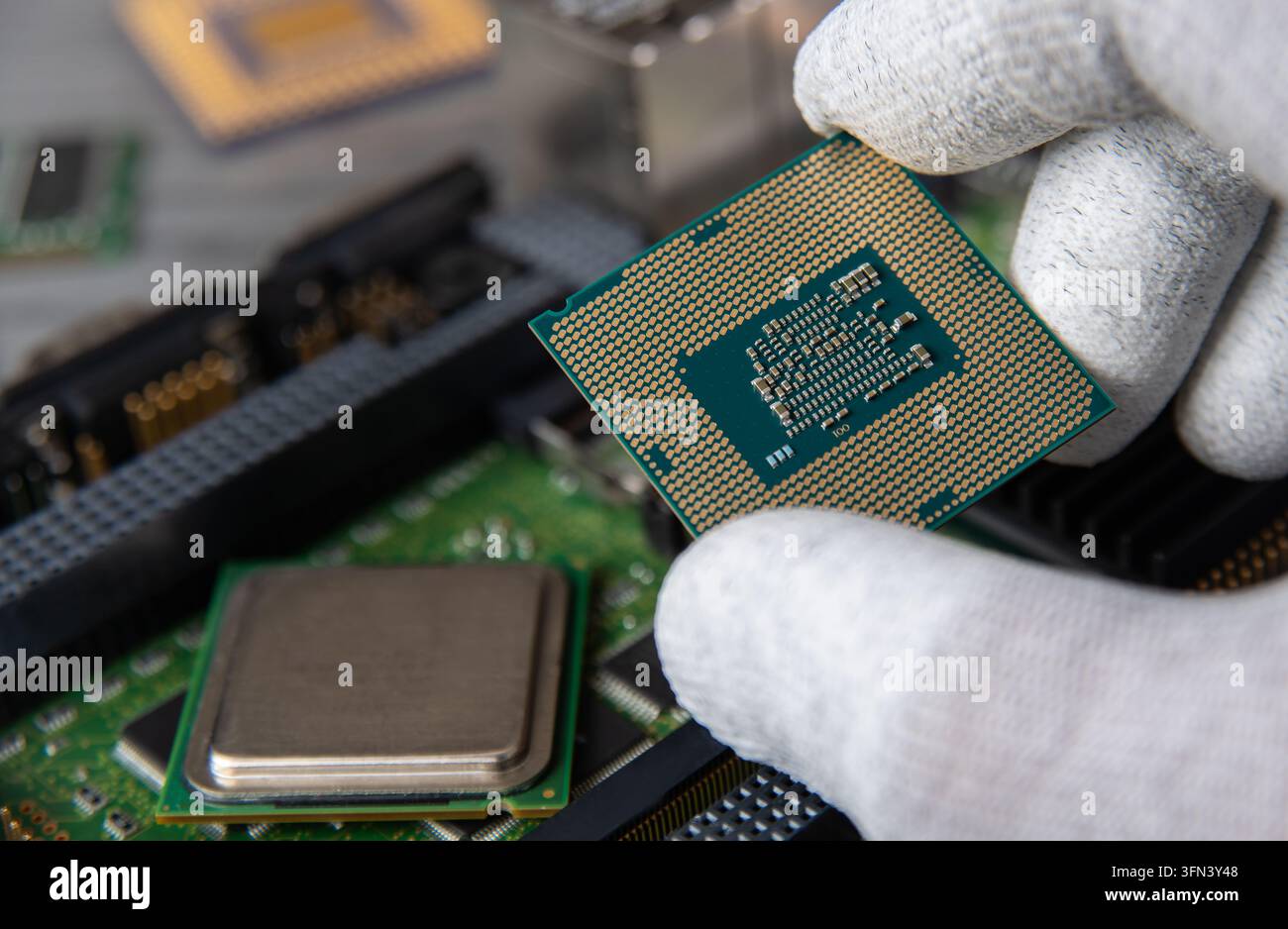 Eine Person hält eine CPU, während sie ein Computermotherboard zusammenbaut. Andere Chips und Teile sind auf der Arbeitsfläche ausgebreitet. Stockfoto