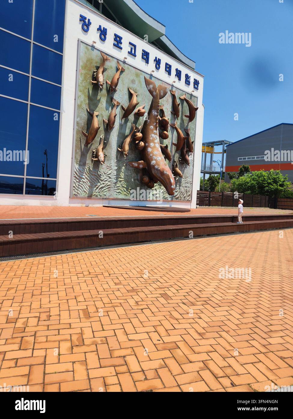 Die Seitenwandfassade des Jangsaengpo Whale Ecology Experience Center mit großen und aufwendigen Walskulpturen an einem sonnigen Tag in Ulsan, Südkorea. - Smartphone-aufgenommenes Stockfoto