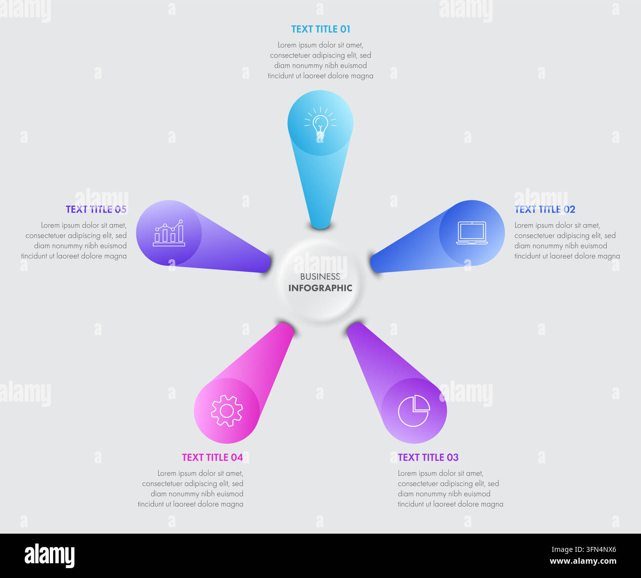 5-Schritte-Unternehmens-Infografik mit neumorphischem Mittelkreis Stock Vektor