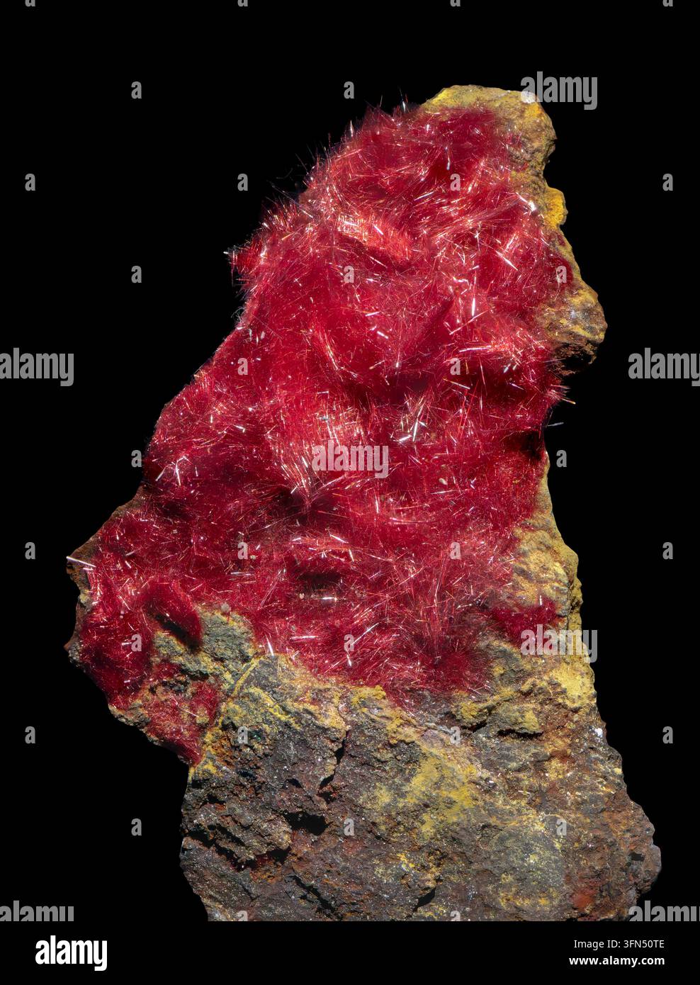 Chalkotrit ist die haarähnliche, faserige Varietät von Kupferit, einem Kupferoxidmineral mit der Formel Cu₂O. Stockfoto