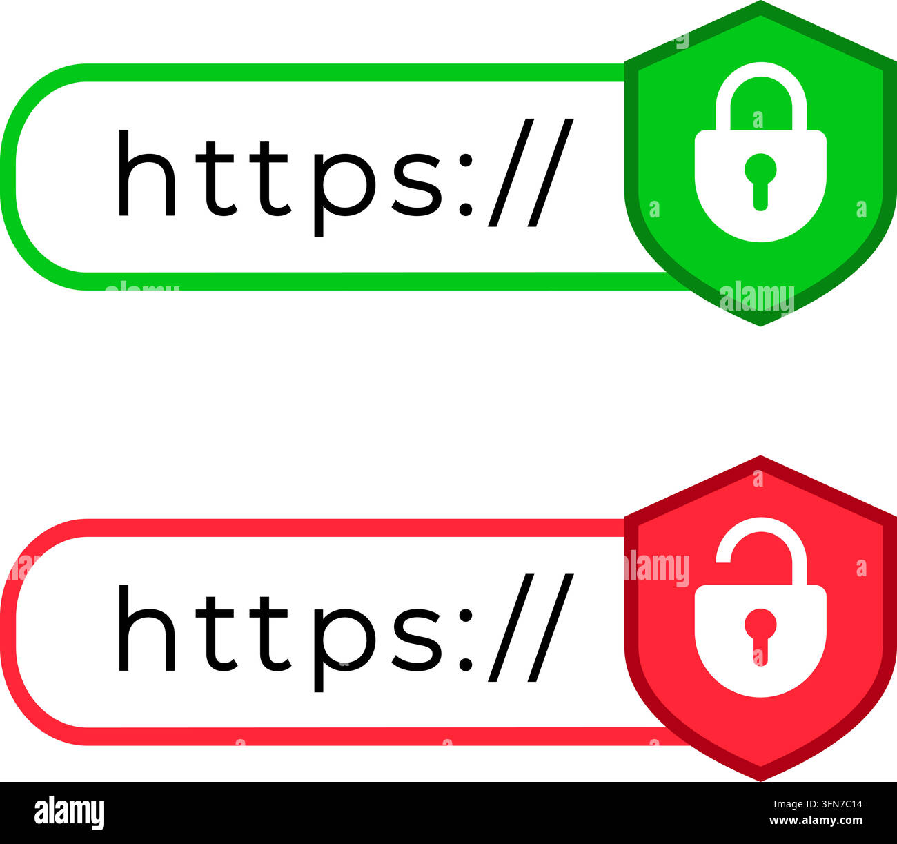 HTTPS-sichere und unsichere Webverbindungs-Vektorbanner mit grünen gesperrten Schild- und roten entsperrten Zahlenschloss-Symbolen für Internetsicherheit. Stock Vektor