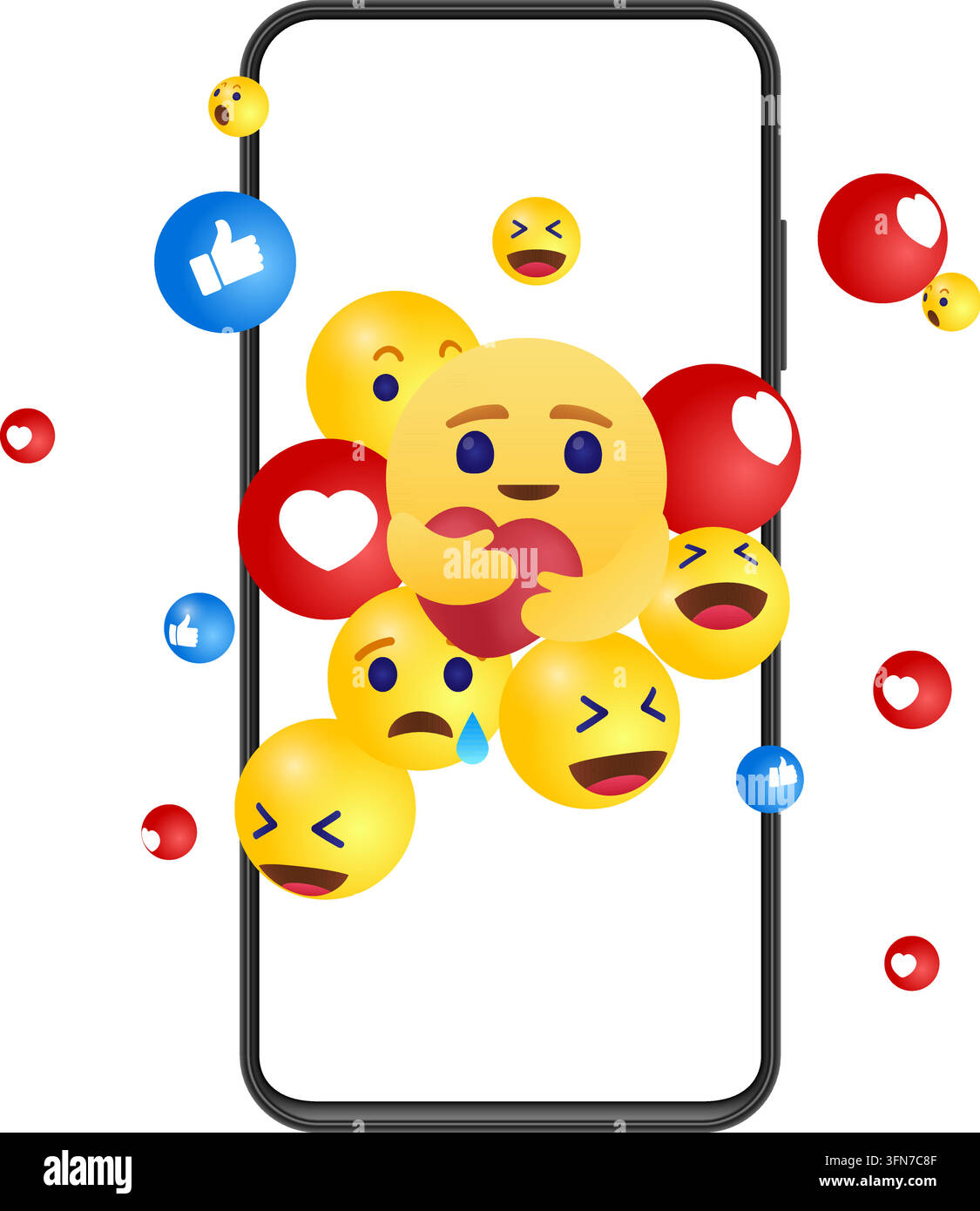 Vector-Infografik zu Social Media und Kundenfeedback mit einem Smartphone, umgeben von schwebenden Emojis, Daumen hoch und Herz-Reaktionssymbolen. Stock Vektor