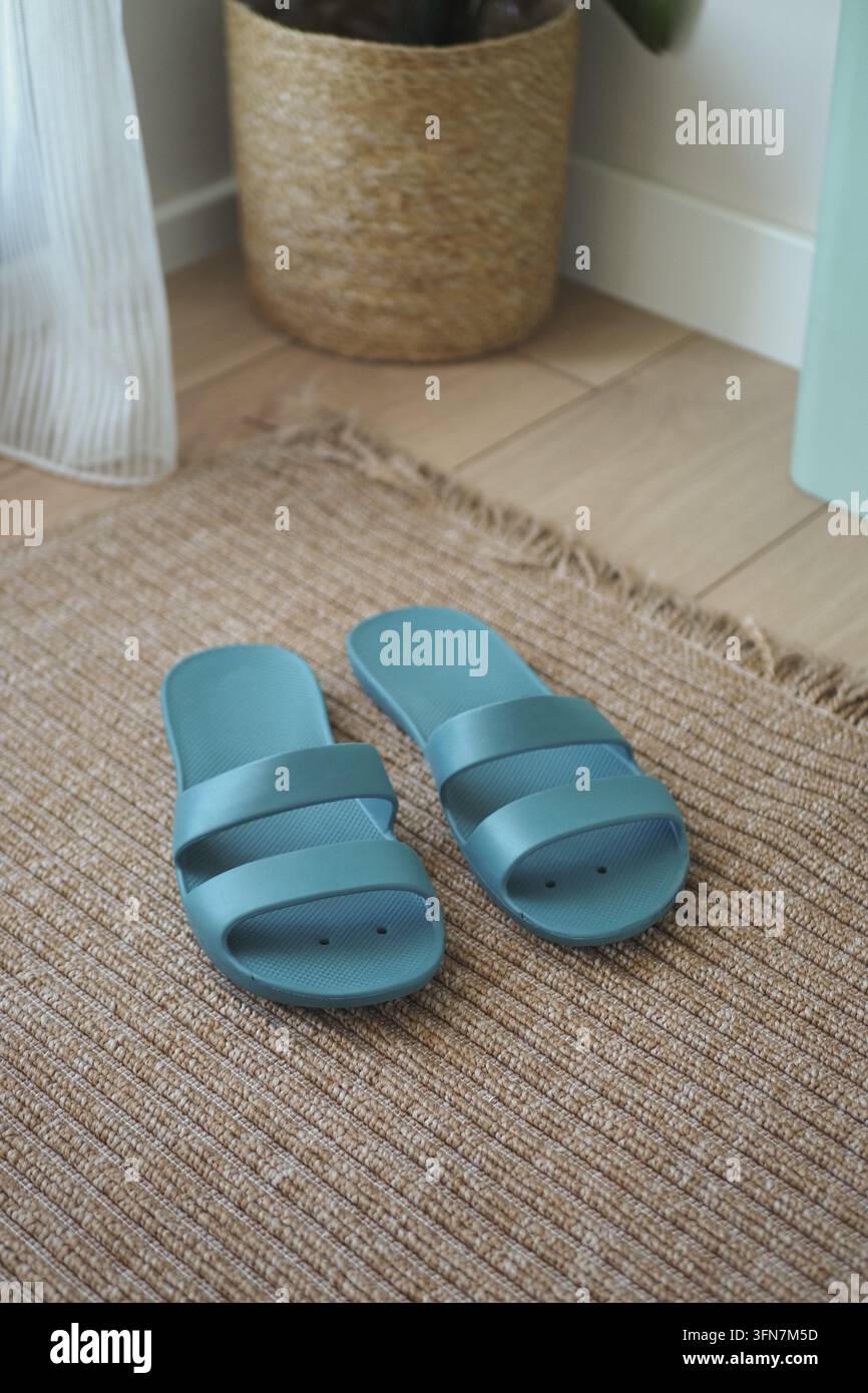 Brauner Teppich mit blauen Pantoffeln in einem Raum mit Pflanzen Stockfoto