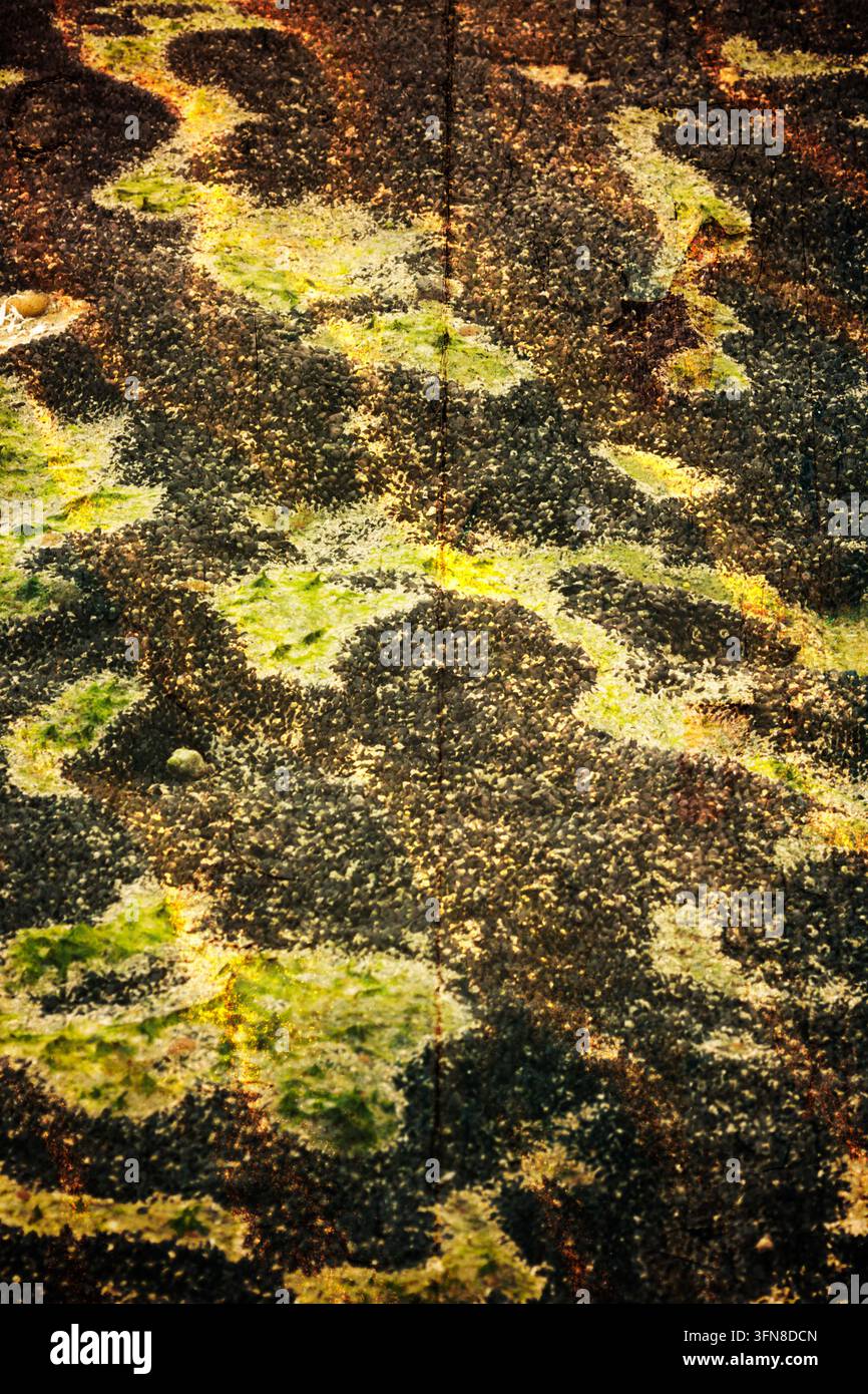 Eine dunkle industrielle rostige Metalloberfläche, stark korrodiert mit gelben und grünen Flecken, befleckt und schmutzig, für einen rauen und toxischen Ästhetik-Hintergrund Stockfoto