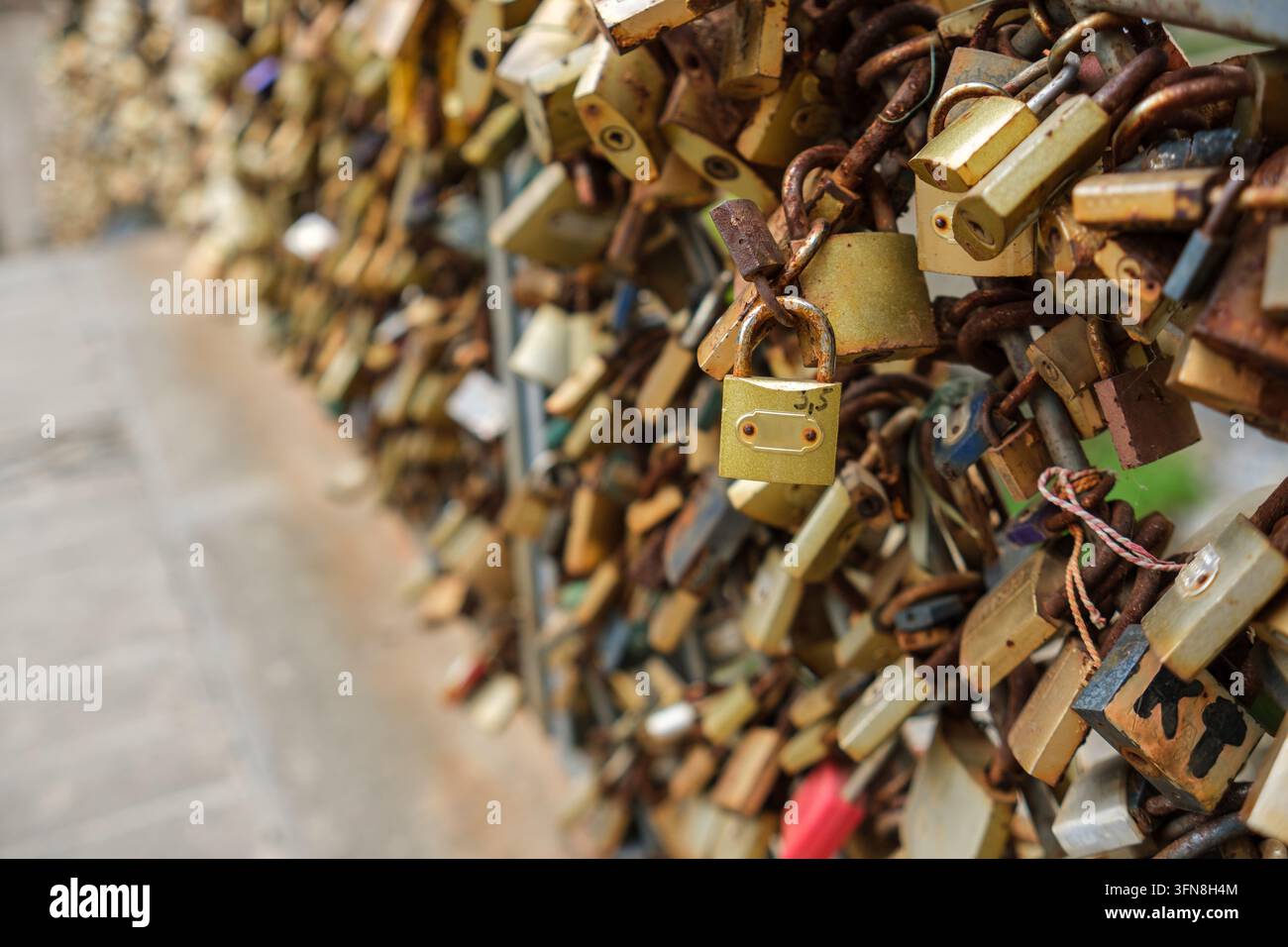 Nahaufnahme von zahlreichen verrosteten und bemalten Vorhängeschlössern, die an einer Metallkonstruktion befestigt sind, mit einem sanft verschwommenen Gehweg, der sich entlang der linken Seite erstreckt Stockfoto