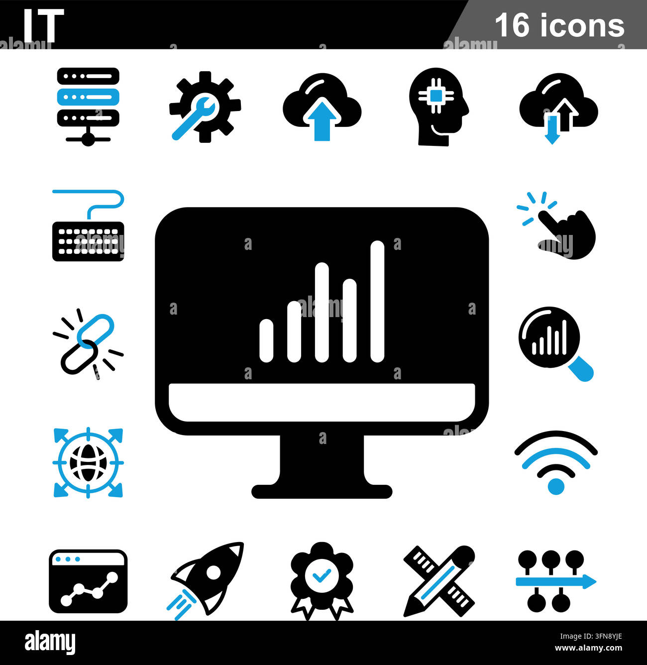 IT-Schwarz-Blau-Vektor-Symbolset mit Computertechnologie, Cloud-Services und Datenanalyse. Stock Vektor