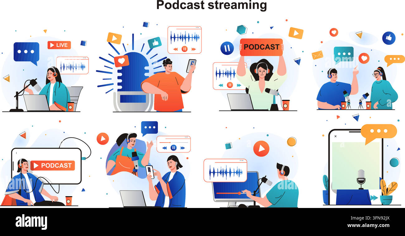 Podcast-Streaming-Vektor-Infografik-Set mit flachen Symbolen für Live-Übertragung, Mikrofon, Schallwelle, Aufnahmestudio, Moderator und Medienkonzept Stock Vektor