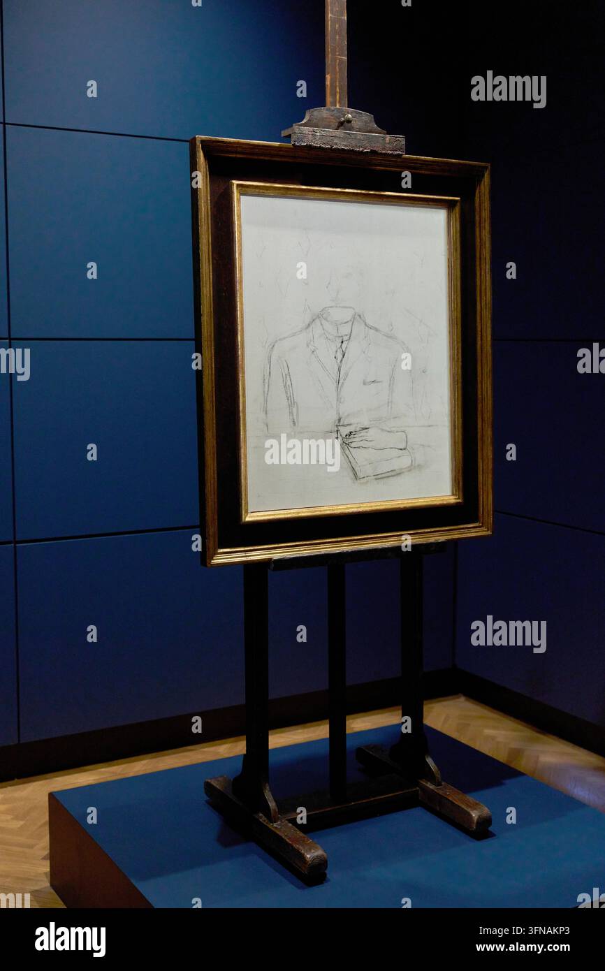 Vereint (Mann, der an einem Tisch sitzt), auf Staffelei gehörend zu René Magritte (Lessines 1898 - Brüssel 1967), Musée Magritte Museum, Brüssel, Belgien Stockfoto