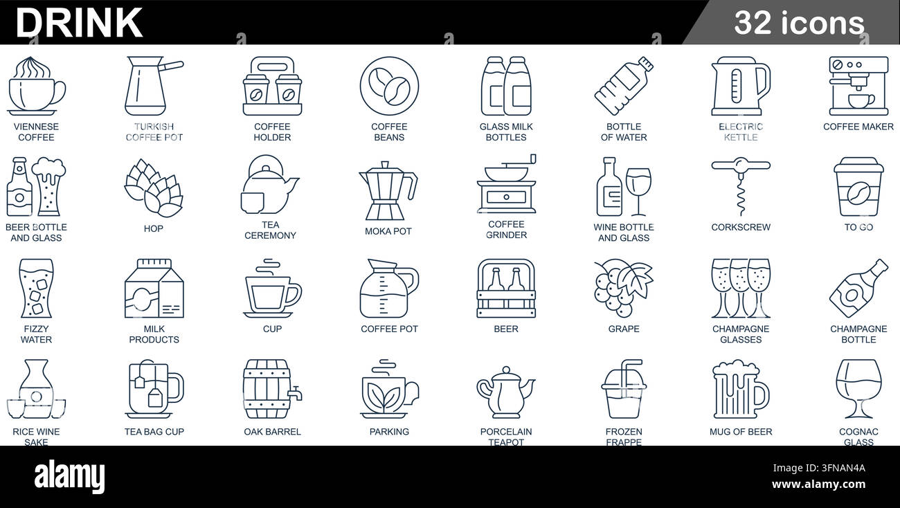 Set aus 32 Getränke- und Bier-Icons im Linienstil mit Wiener Kaffee, Kaffeebohnen, Milchflaschen, Weinflaschen, Bier und Cocktailgläsern Stock Vektor
