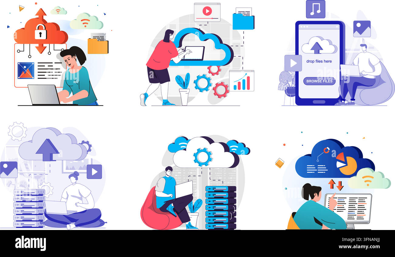 Vektor-Set mit Cloud-Computing-Workflows mit Datenspeicherung, Fernserververwaltung und Dateiaustausch. Stock Vektor