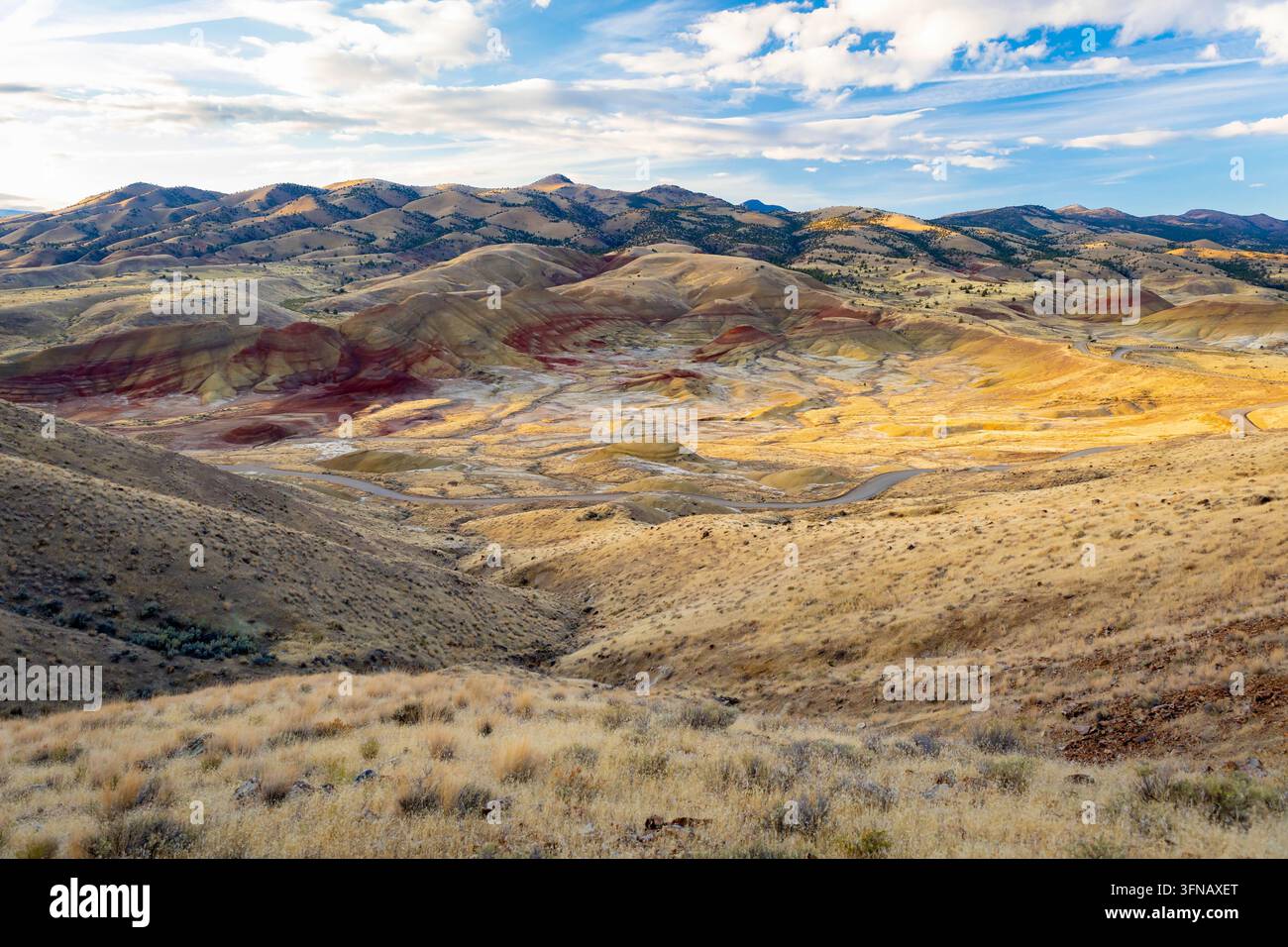 Lebendiger Panoramablick auf die leuchtenden roten, goldenen und schwarzen Schichten von Painted Hills von einem erhöhten Aussichtspunkt am John Day Fossil Beds National Monument bei Sonnenaufgang Stockfoto