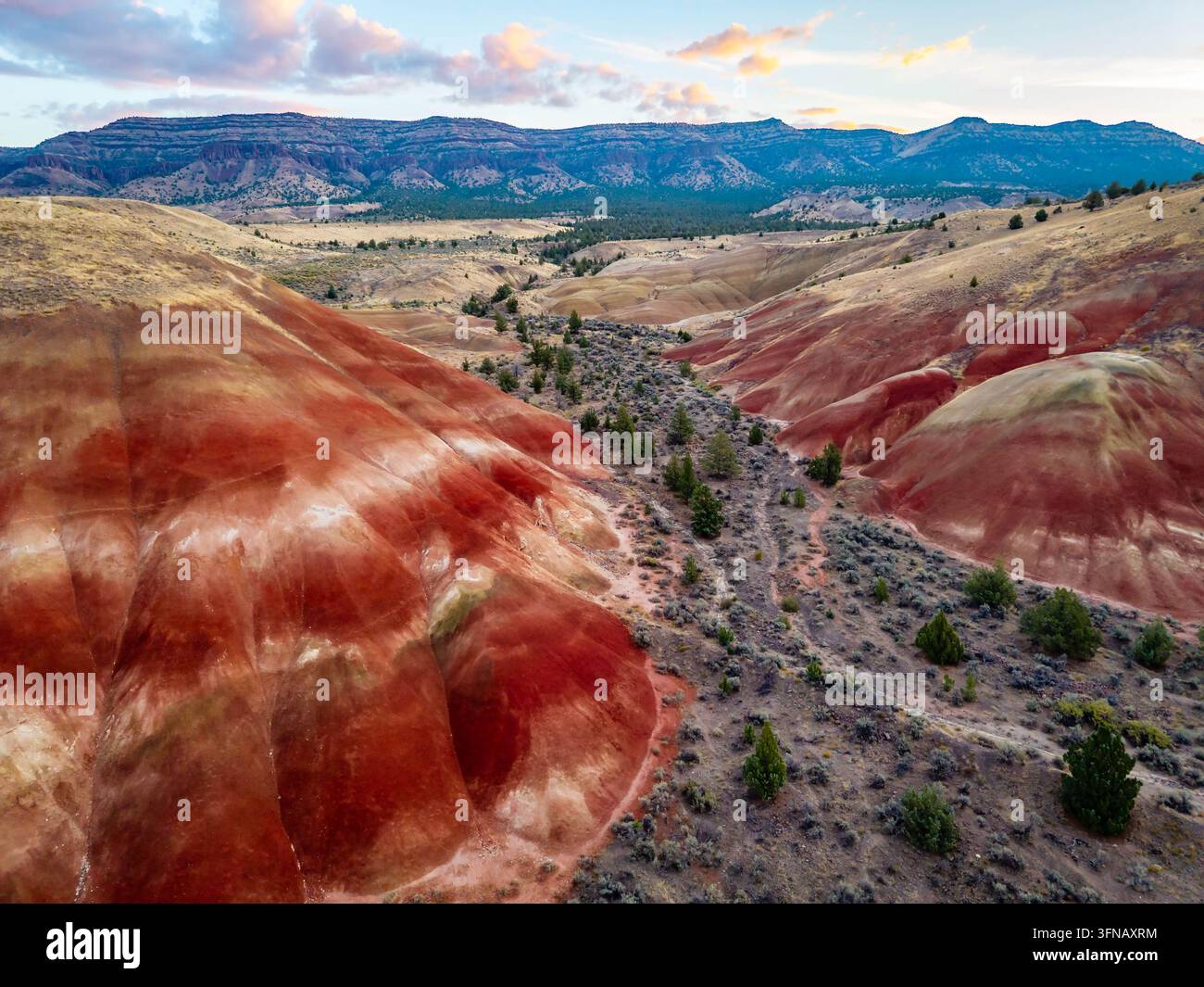 Ein herrliches Panorama aus der Luft, das die sanften Hügel und die streifende Landschaft in der Nähe der Painted Hills in der John Day Fossil Beds National Monument Area erfasst Stockfoto