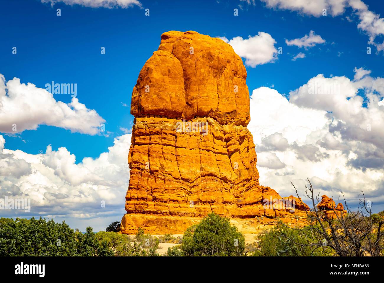 Goldenes Morgenlicht erhellt massive rote Felsbutten und das raue Canyon-Land im Arches-Nationalpark Moab, Utah Stockfoto