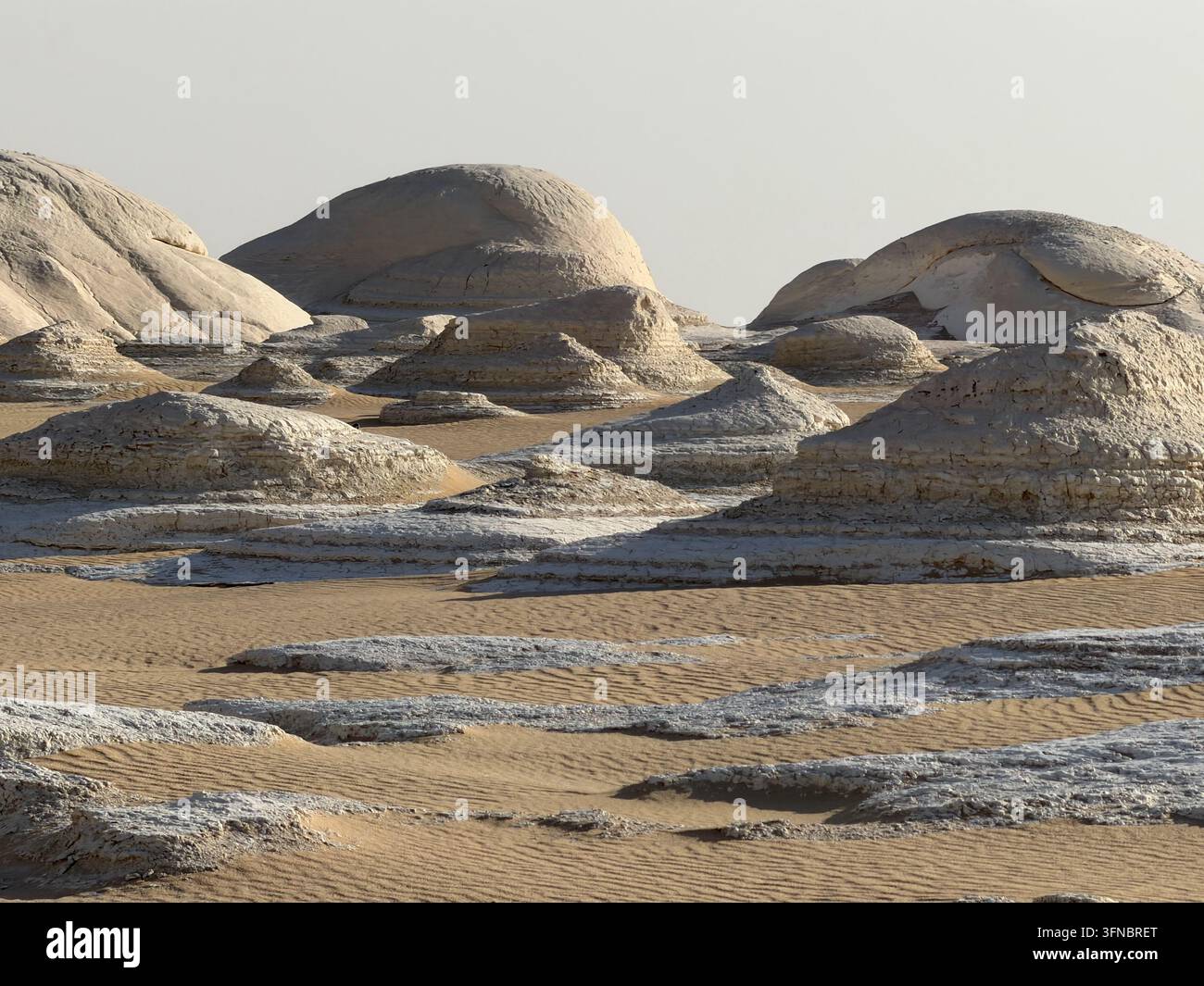 Glatte Kalkkuppeln und welliger Sand im warmen Licht, fotografiert im White Desert National Park in der Westwüste Ägyptens. - Smartphone-aufgenommenes Stockfoto