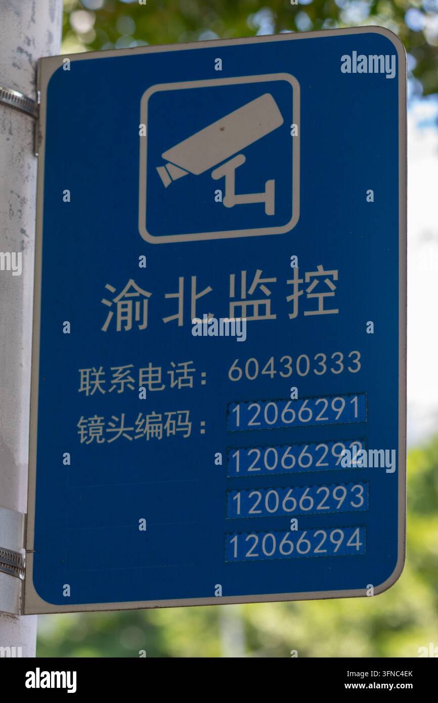 Blaues Schild mit Symbol einer Überwachungskamera, Überwachungs-Text, Kontaktnummer und Kameracodes Stockfoto