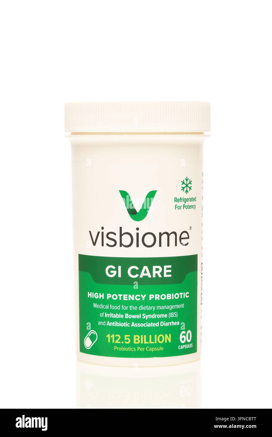 IRVINE, KALIFORNIEN - 26. SEPT. 2026: Eine 60-Stück-Flasche Visbiome GI Care High Potency Probiotic Kapseln. Stockfoto
