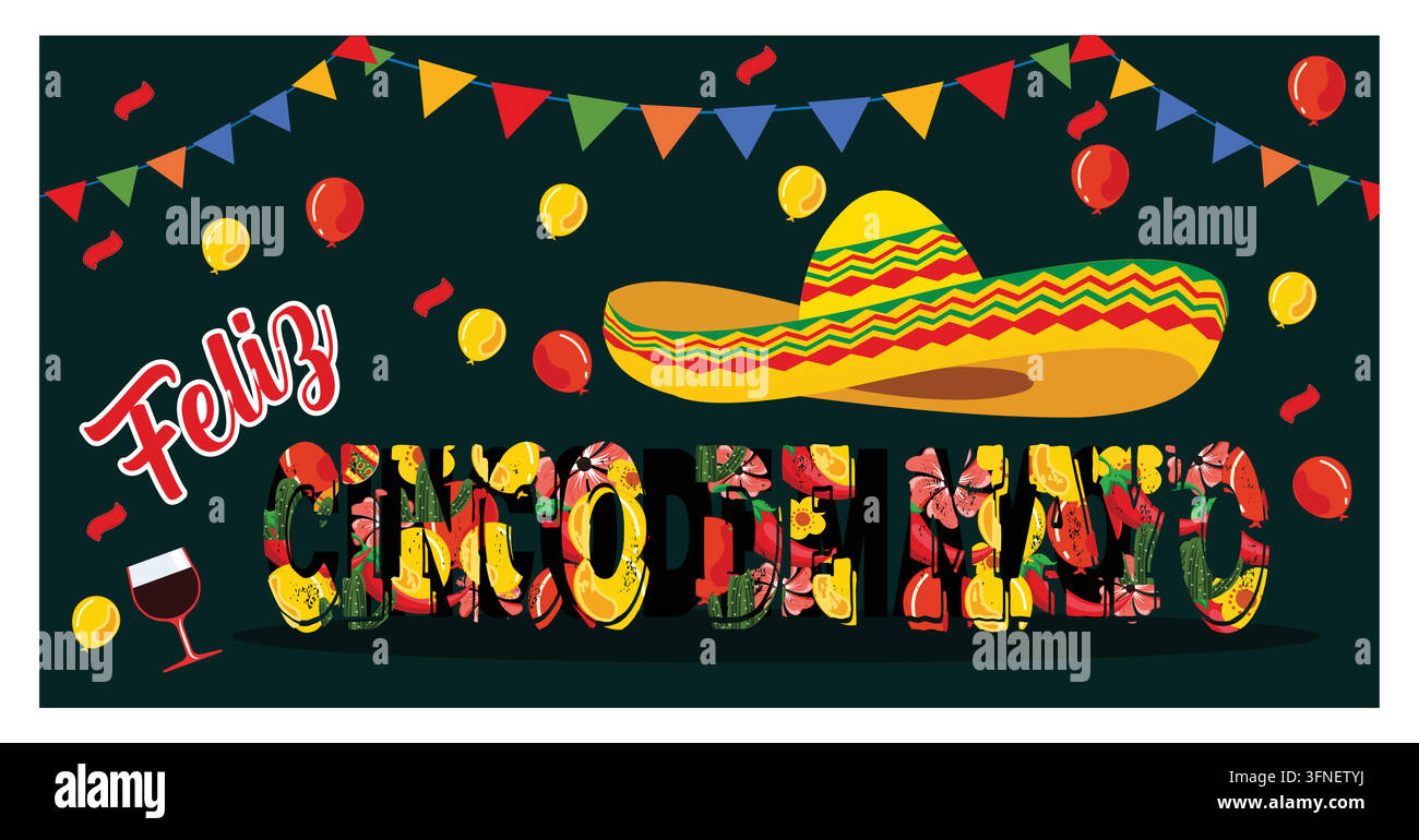 Bunte Feier zu Cinco de Mayo mit Luftballons, einem Sombrero, festlichen Dekorationen und fröhlicher Atmosphäre. Flache moderne Vektorillustration Stock Vektor