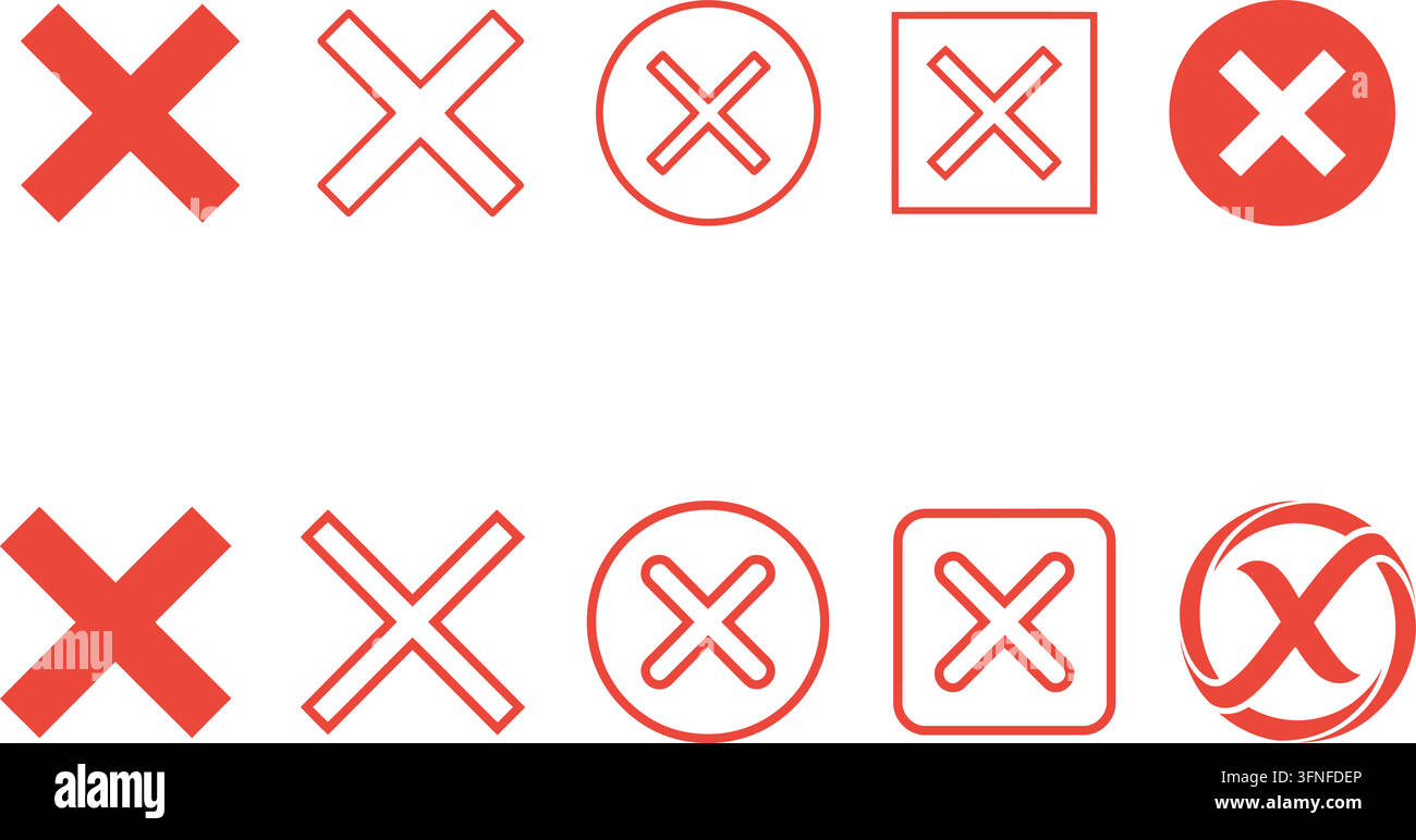 Satz aus roten Kreuzmarken und X-Symbolen mit verschiedenen Umriss-, Voll- und eingeschlossenen geometrischen Formen für Benutzeroberflächendesign und Webanwendungen Stock Vektor