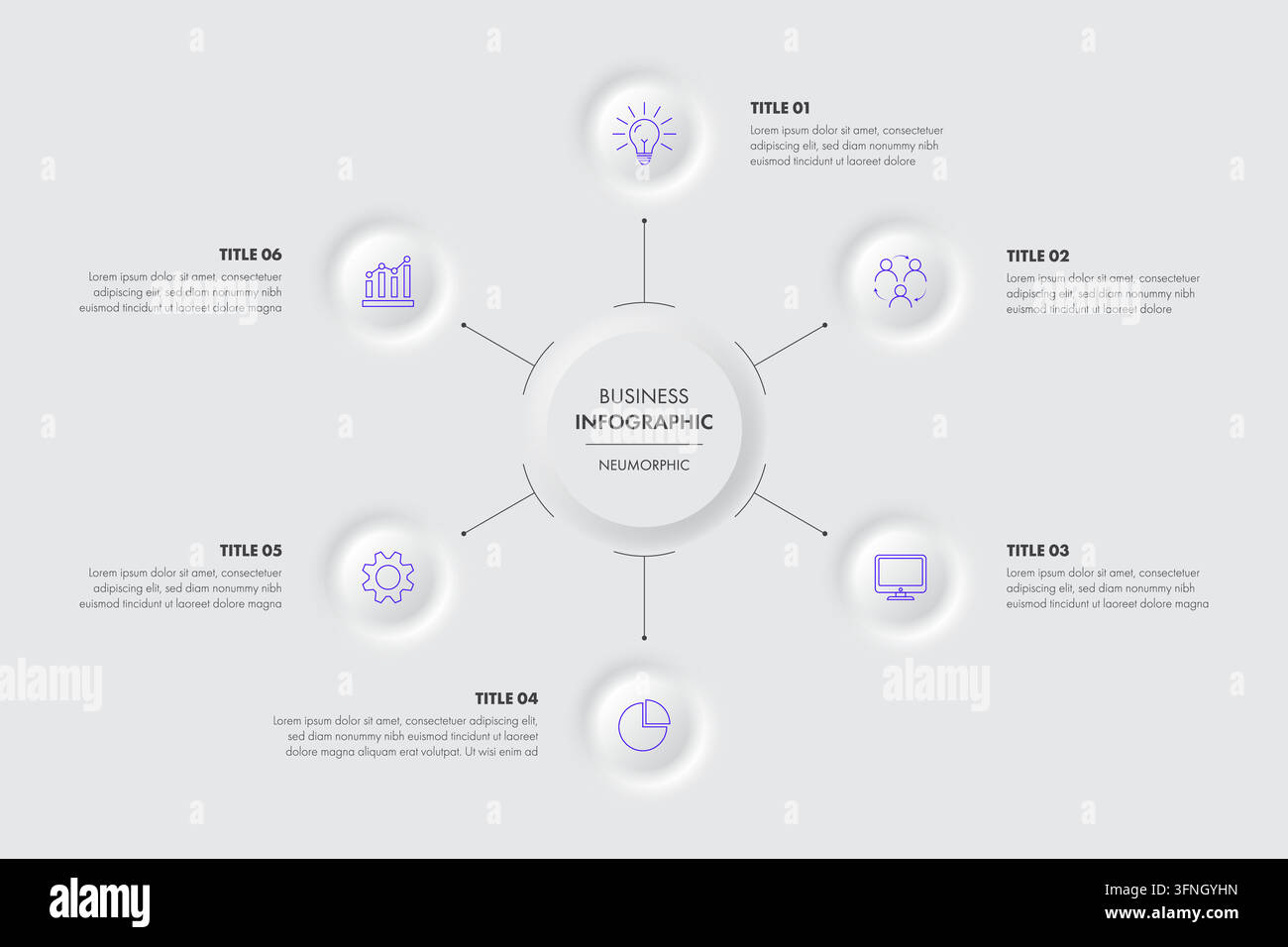 Neumorphes 6-Schritte-Kreisfirmen-Informationsdiagramm Stock Vektor