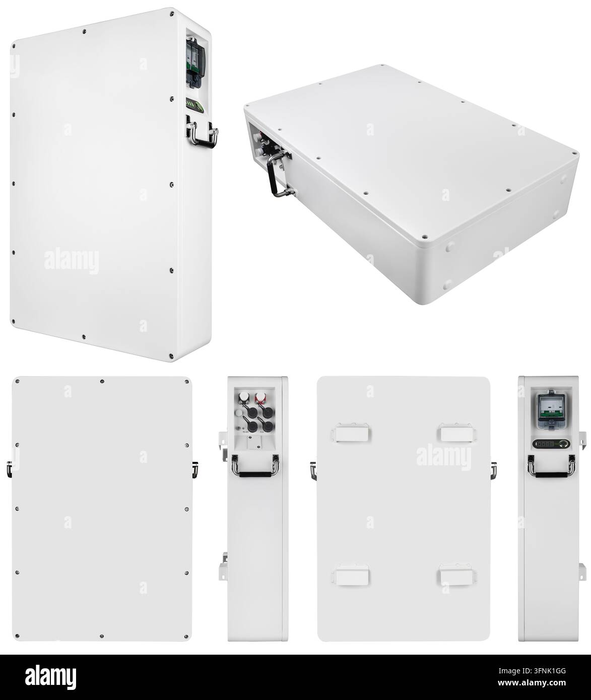 Weißes Batteriegehäuse mit Leistungsschalter für Solar-Backup-Strom Stockfoto