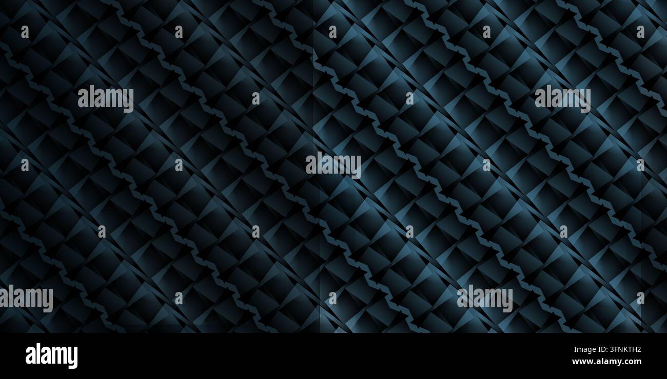 Ein dunkelblauer geometrischer abstrakter Hintergrund mit sich wiederholenden musterartigen Elementen und Texturen. Stockfoto