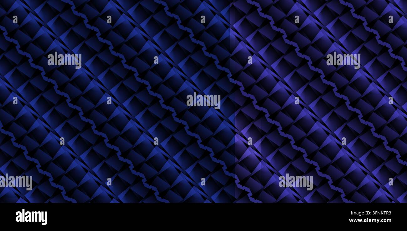 Ein abstrakter Hintergrund mit einem geometrischen blauen Muster, texturierten Elementen und sich wiederholenden diagonalen Formen. Stockfoto