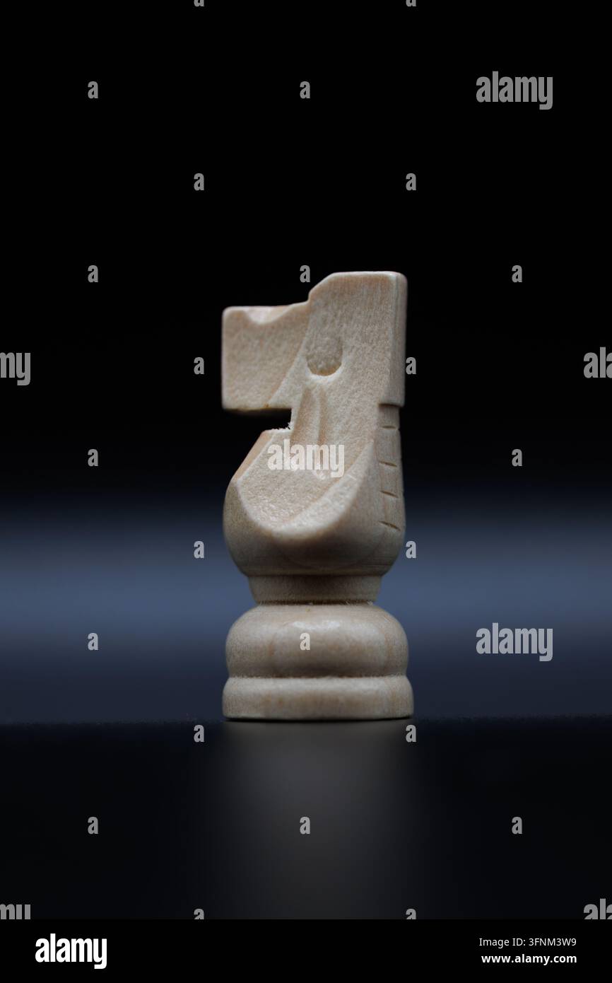 Weißer hölzerner Schachspringer auf dunklem Hintergrund Stockfoto