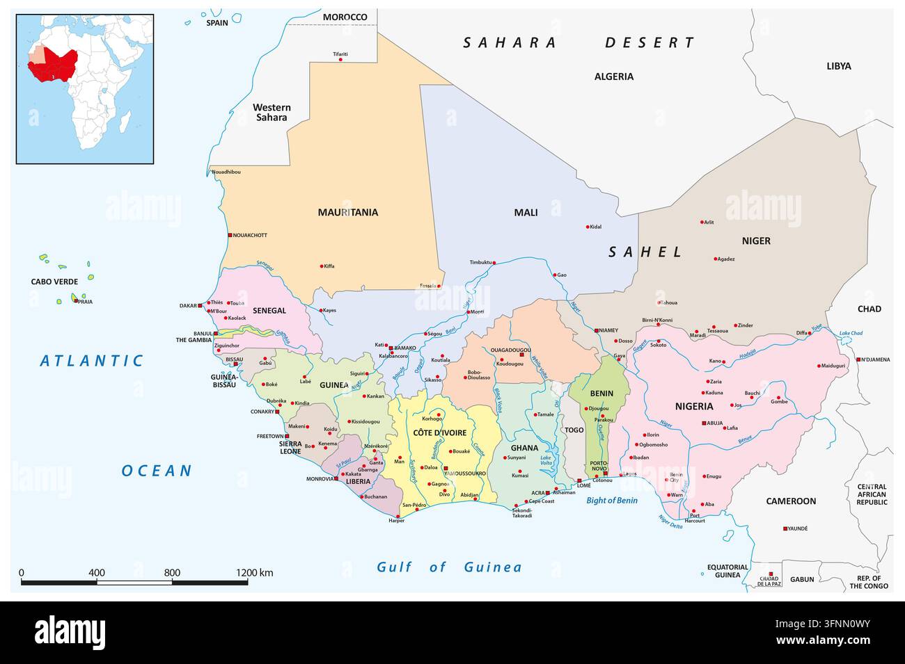 Karte der westlichen Staaten des afrikanischen Kontinents Stockfoto
