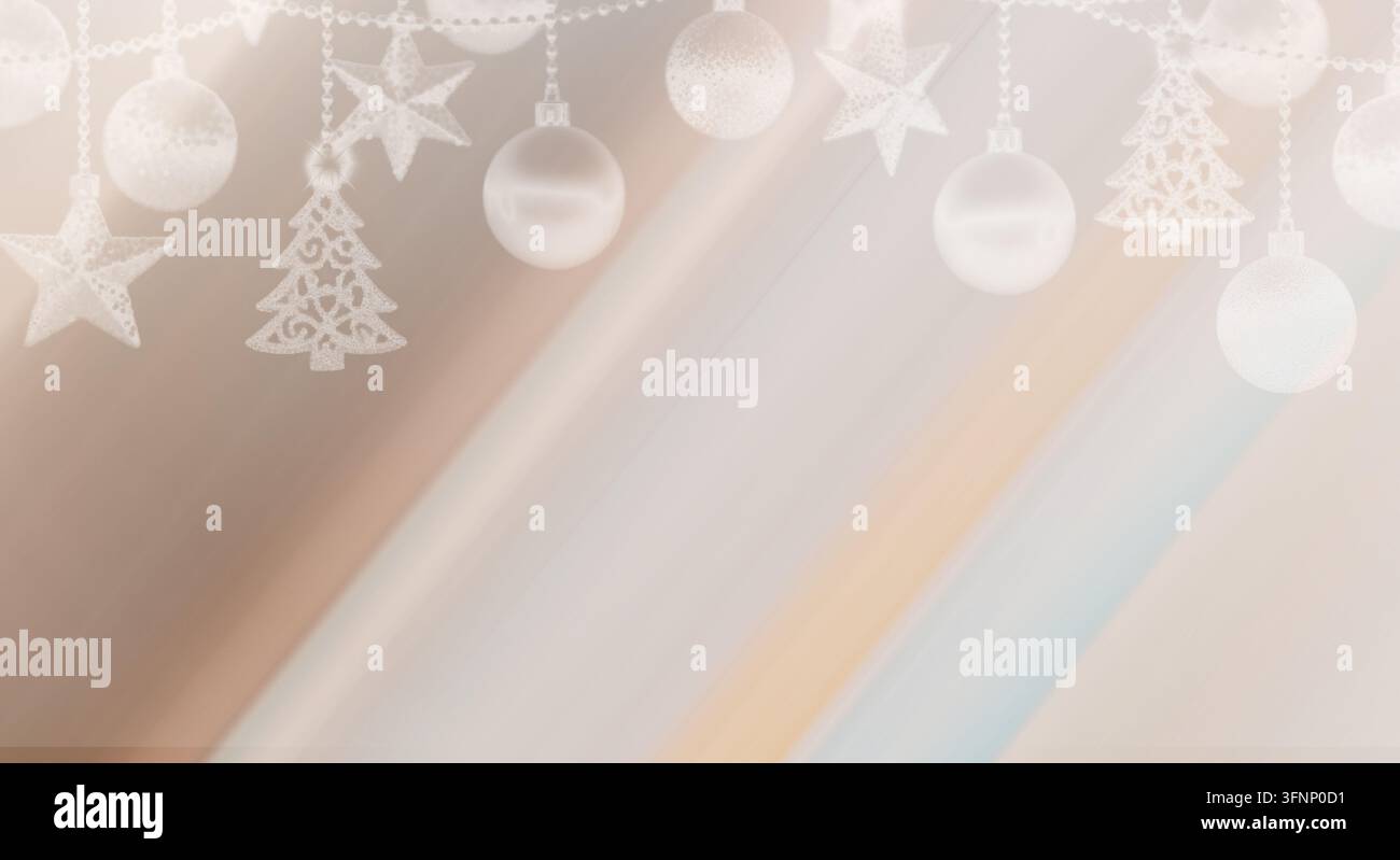 Minimalistische Studiovorlage mit weißen Weihnachtsdekorationen, darunter Kugeln, Sterne und Bäume, die für Grußkarten und Banner-Designs aufgehängt sind. Stockfoto