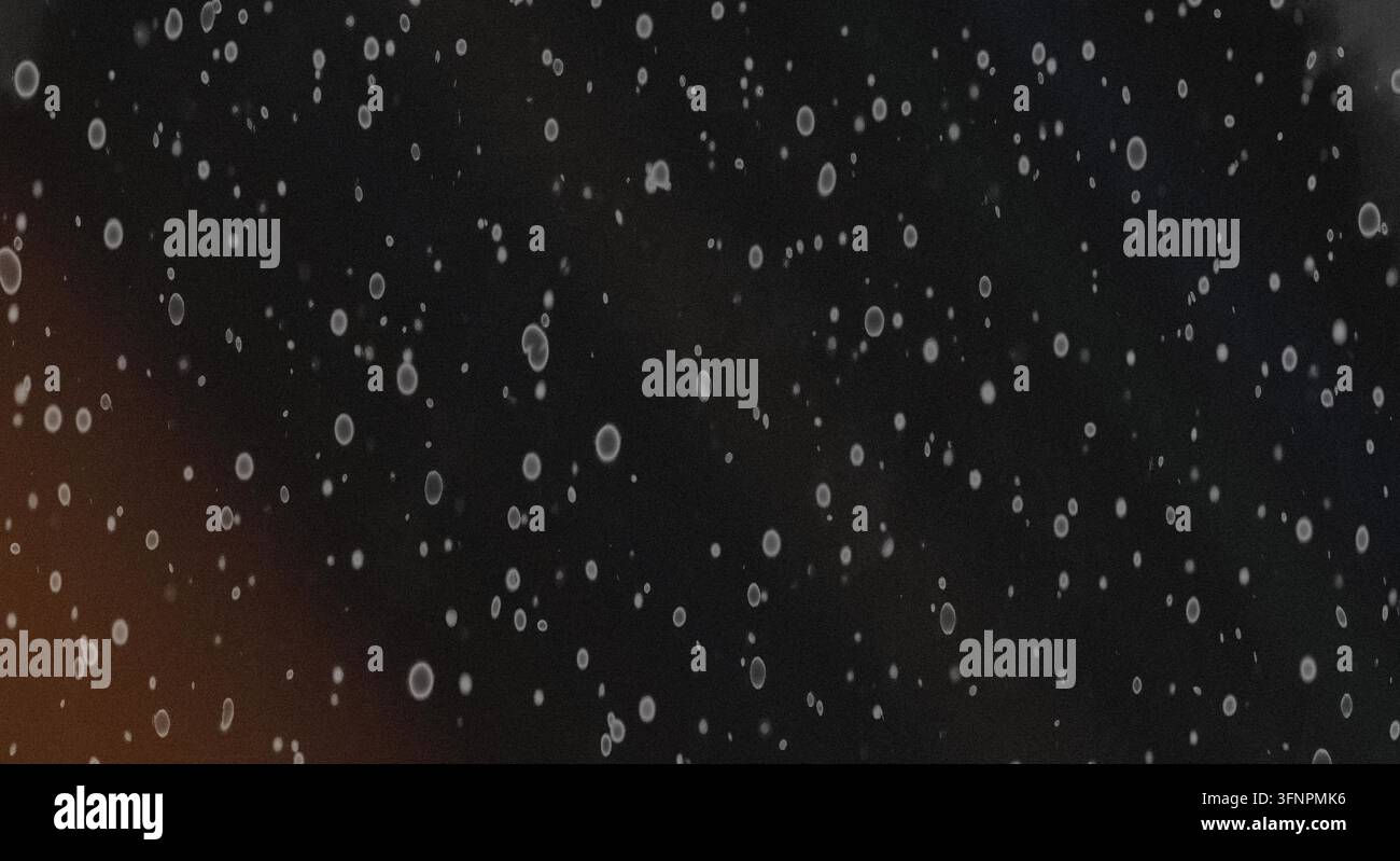 Ein abstrakter dunkler Hintergrund, gefüllt mit leuchtenden weißen Partikeln und subtilen Lichteffekten für eine mystische und filmische Atmosphäre. Stockfoto