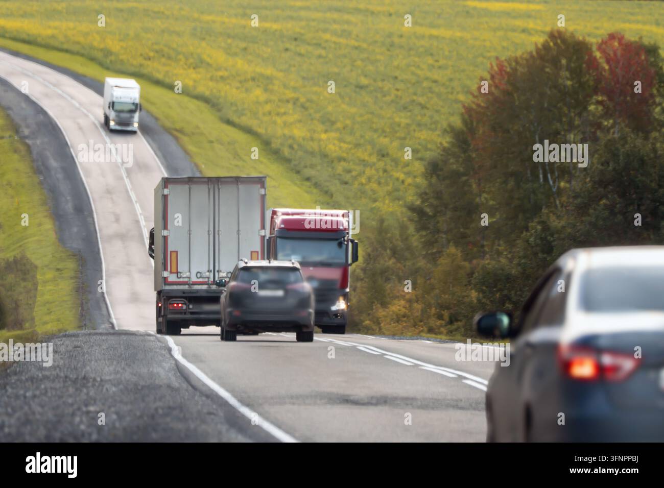 Lastwagen und Personenkraftwagen fahren entlang einer Landstraße, die von Feldern und Wald umgeben ist. Fernverkehr, Frachtlogistik, Straßenverkehr Stockfoto