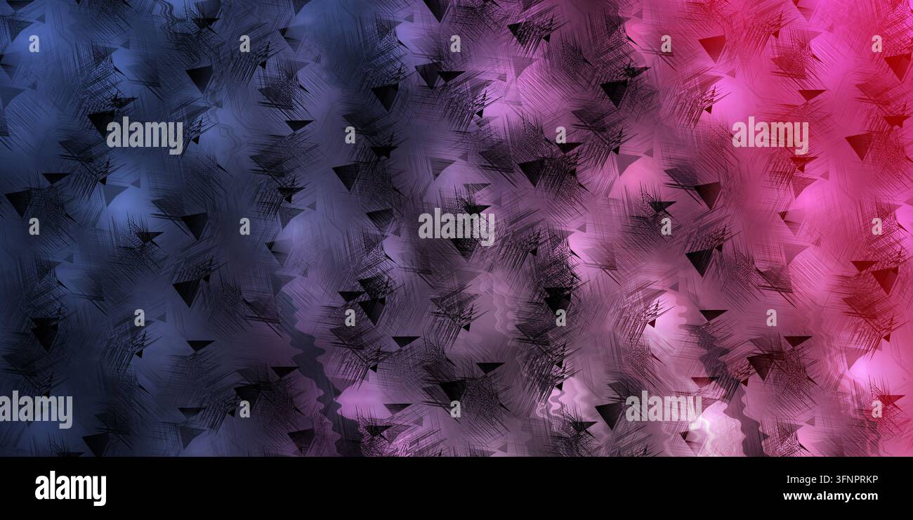 Ein lebendiger abstrakter Hintergrund, der blaue und rosa Farbverläufe vermischt, überlagert mit dunklen Pinselstrichtexturen und verstreuten geometrischen Dreieckelementen. Stockfoto